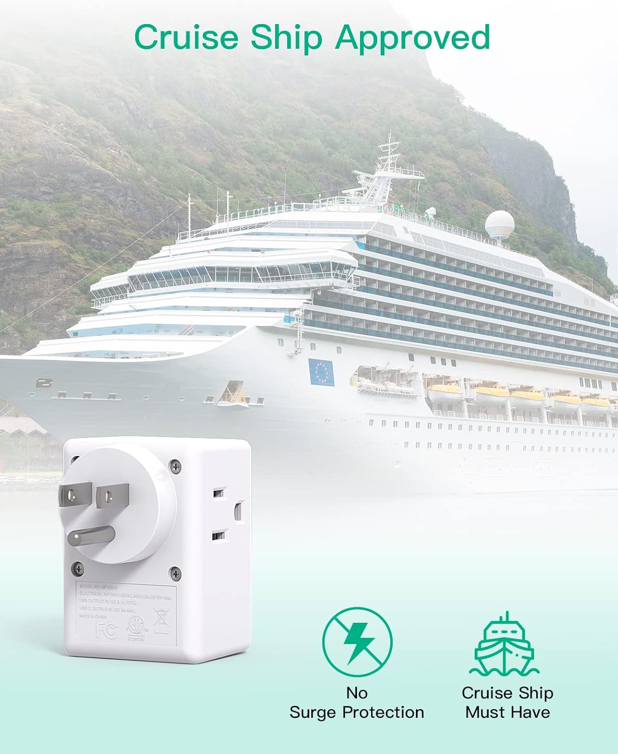 2 Pack Outlet Extender Multi Plug Outlet, USB Wall Charger, No Surge Protector Cruise Essentials for Ship and Travel, ETL Listed