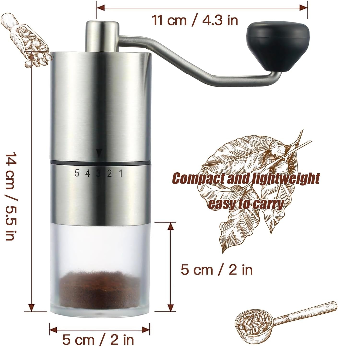 Precision Manual Coffee Grinder with Adjustable Ceramic Burr (5 Settings)