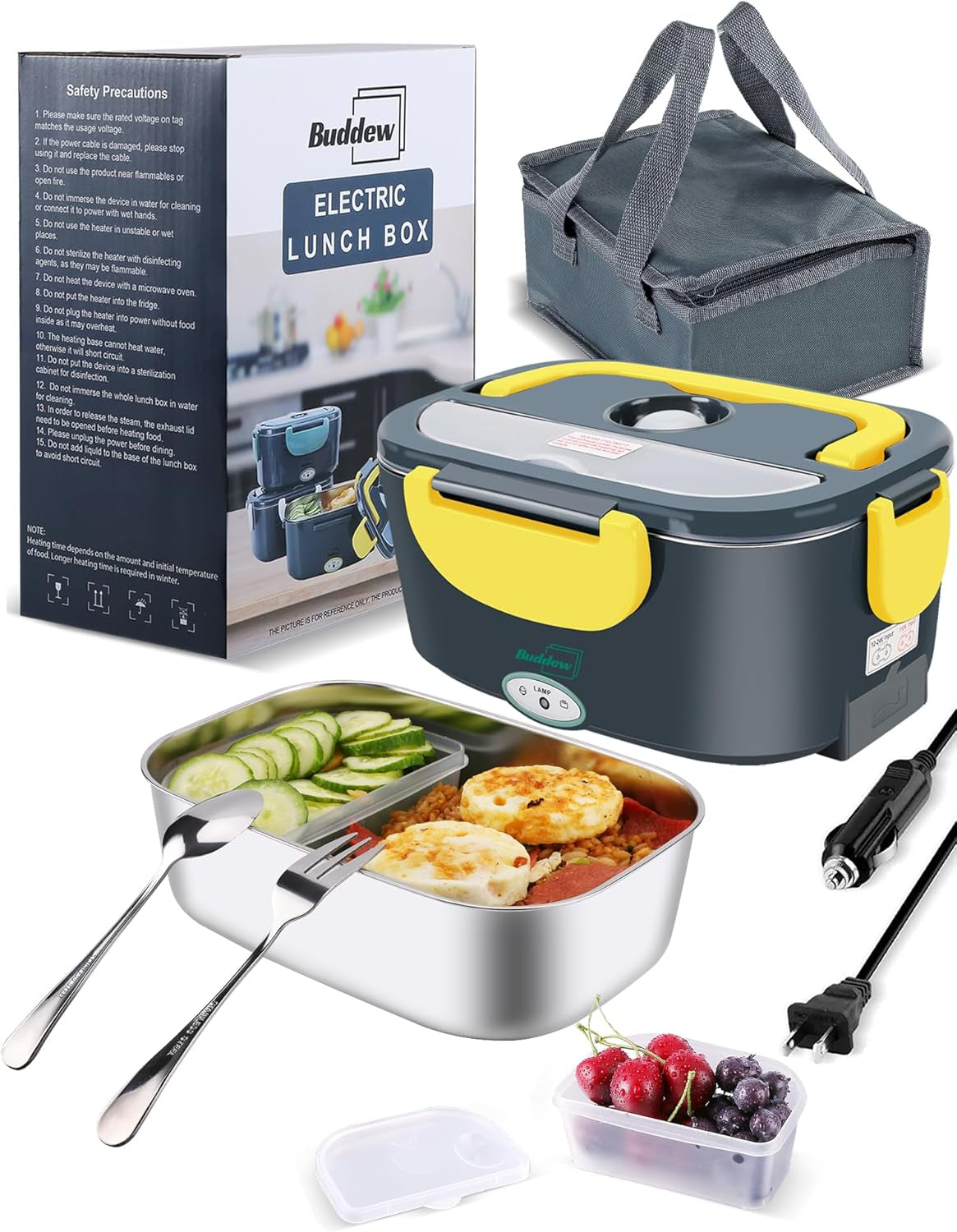 Electric Lunch Box 80W Food Heater for Adults, 12/24/110 V Portable Food Warmer for Travel & Work, 1.5L Food Warmers, Loncheras Para Hombres De Trabajo (Green)