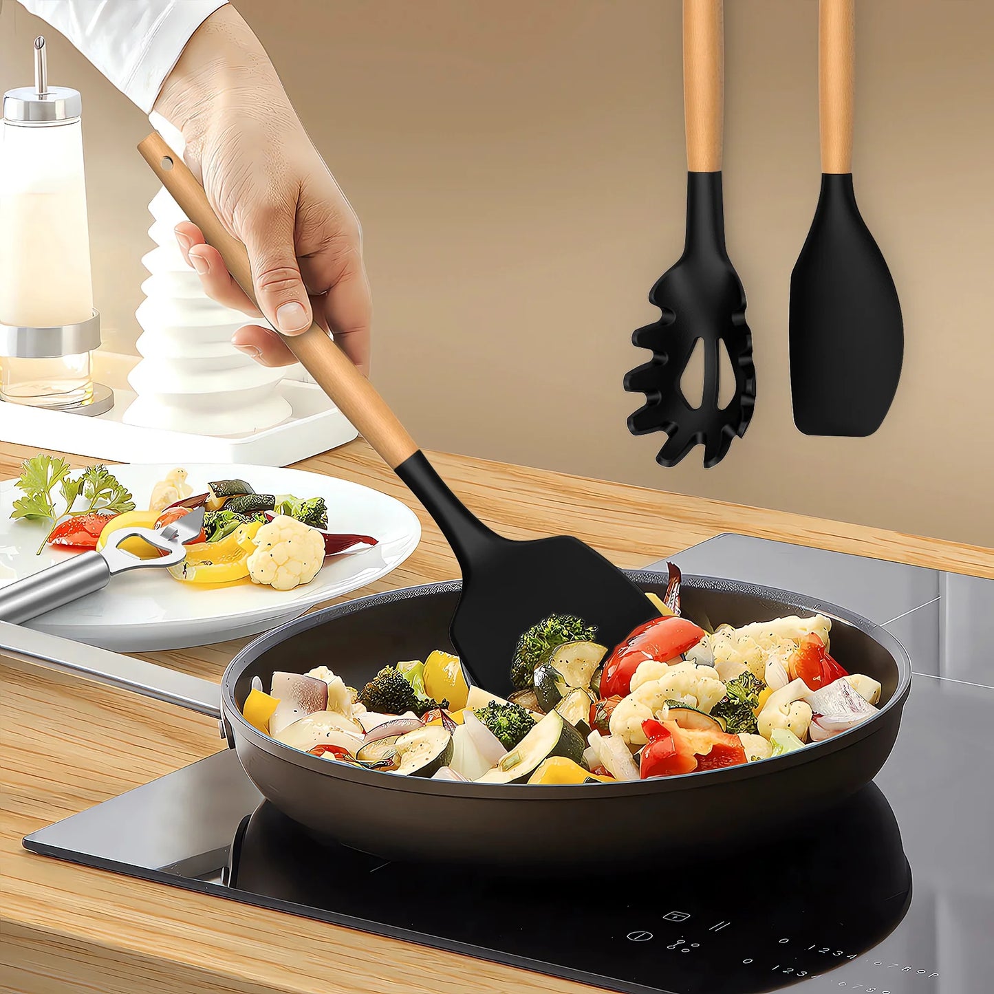 Silicone Cooking Utensils Set - Silicone Kitchen Utensils for Cooking Wooden Handles, 446°F Heat Resistant Kitchen Utensil Spatula Sets W Holder, Gadgets for Non-Stick Cookware BPA FREE (Black)