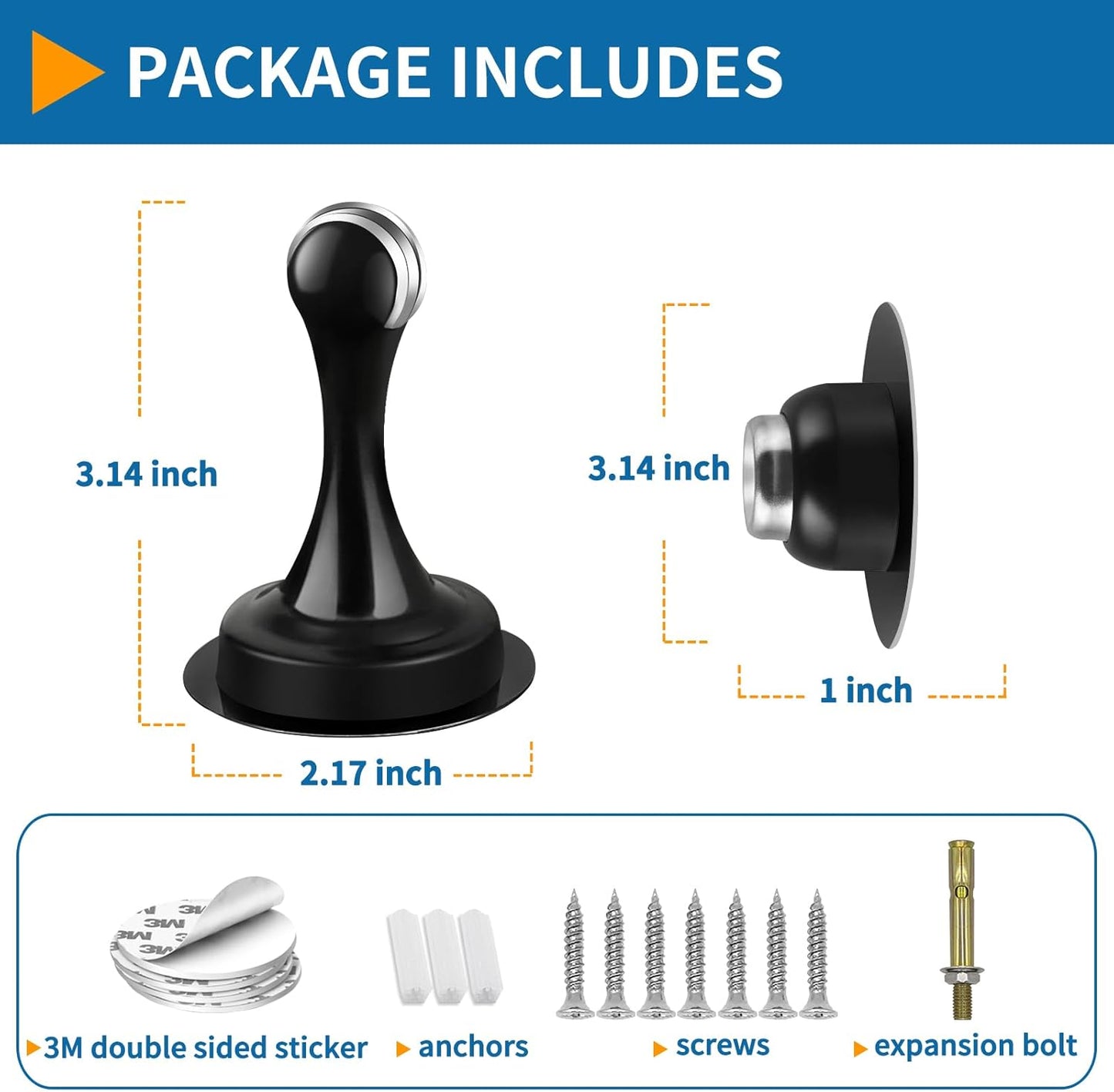 2 Pack Door Stops Self Adhesive Black Magnetic Door Stoppers No Drill Wall Floor Mount Stainless Steel Magnetic Door Catch Door Holders
