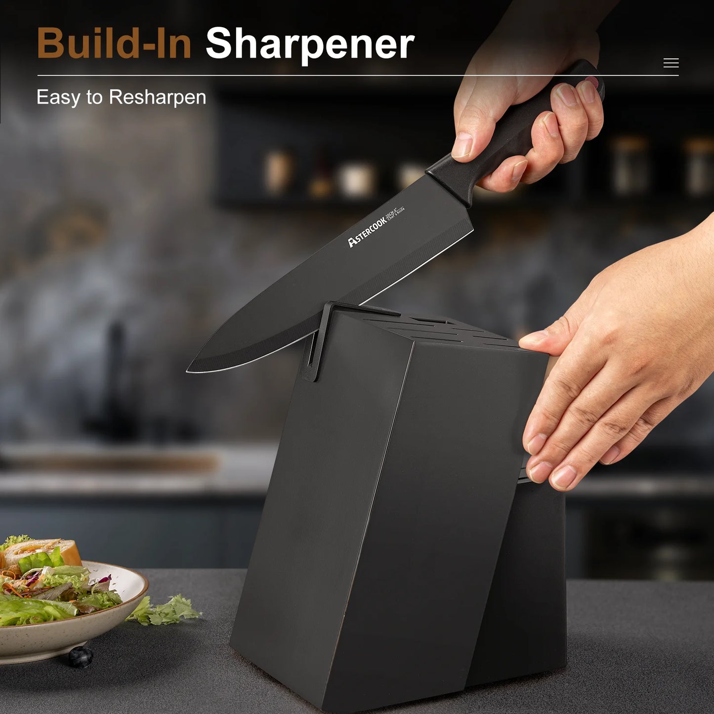 Kitchen Knife Set, 14 Pcs Knives Block Set with Built-In Sharpener, Healthy Anti-Rust Coating & German Stainless Steel Knife Set, Dishwasher Safe Black
