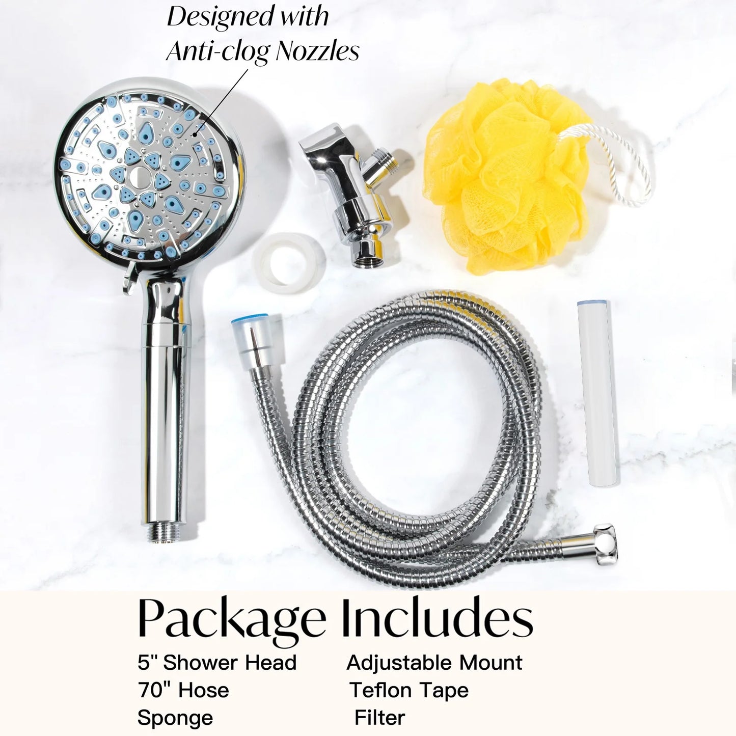 9 Setting Handheld Shower Head,High Pressure Shower Head with Filter, Hard Water Softener with 70" Hose Extension Spray Nozzle Shower,Silver