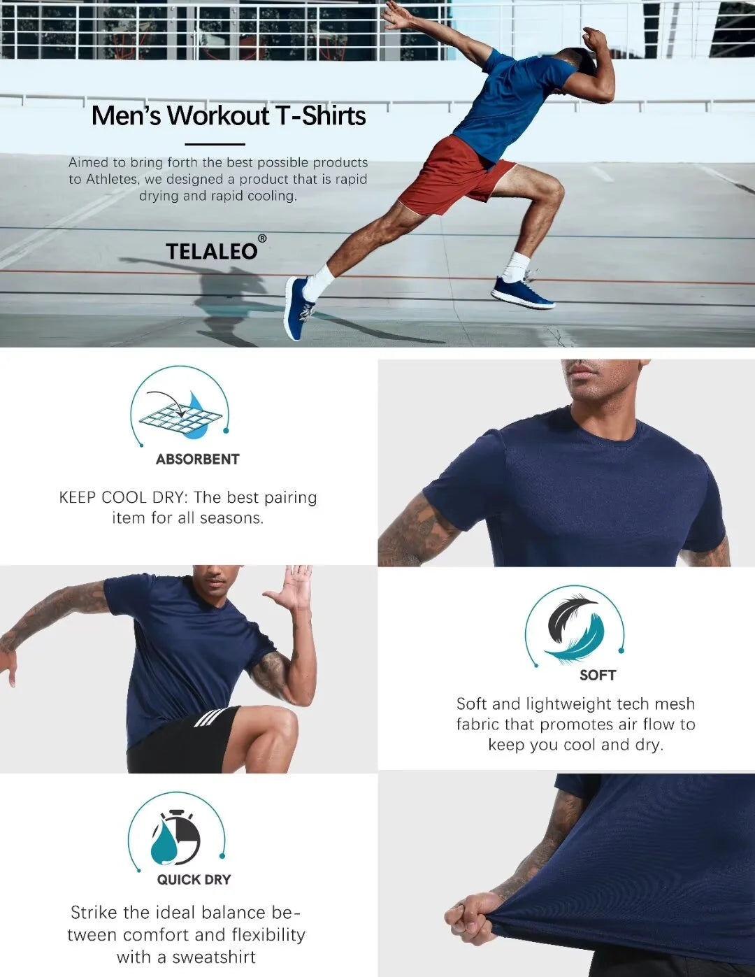 Men'S 6 Pack Workout Shirts Athletic Active Tops, Moisture Wicking & Quick Dry Performance T-Shirts,L