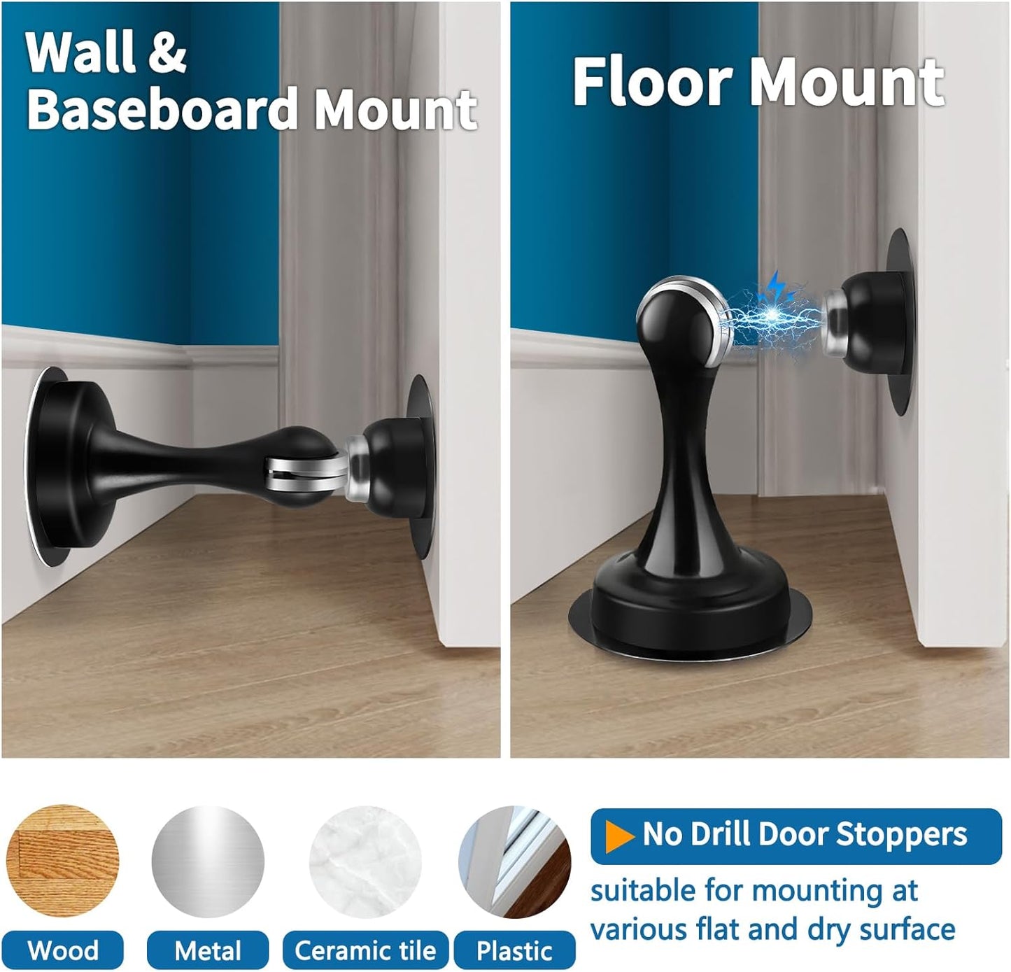 2 Pack Door Stops Self Adhesive Black Magnetic Door Stoppers No Drill Wall Floor Mount Stainless Steel Magnetic Door Catch Door Holders