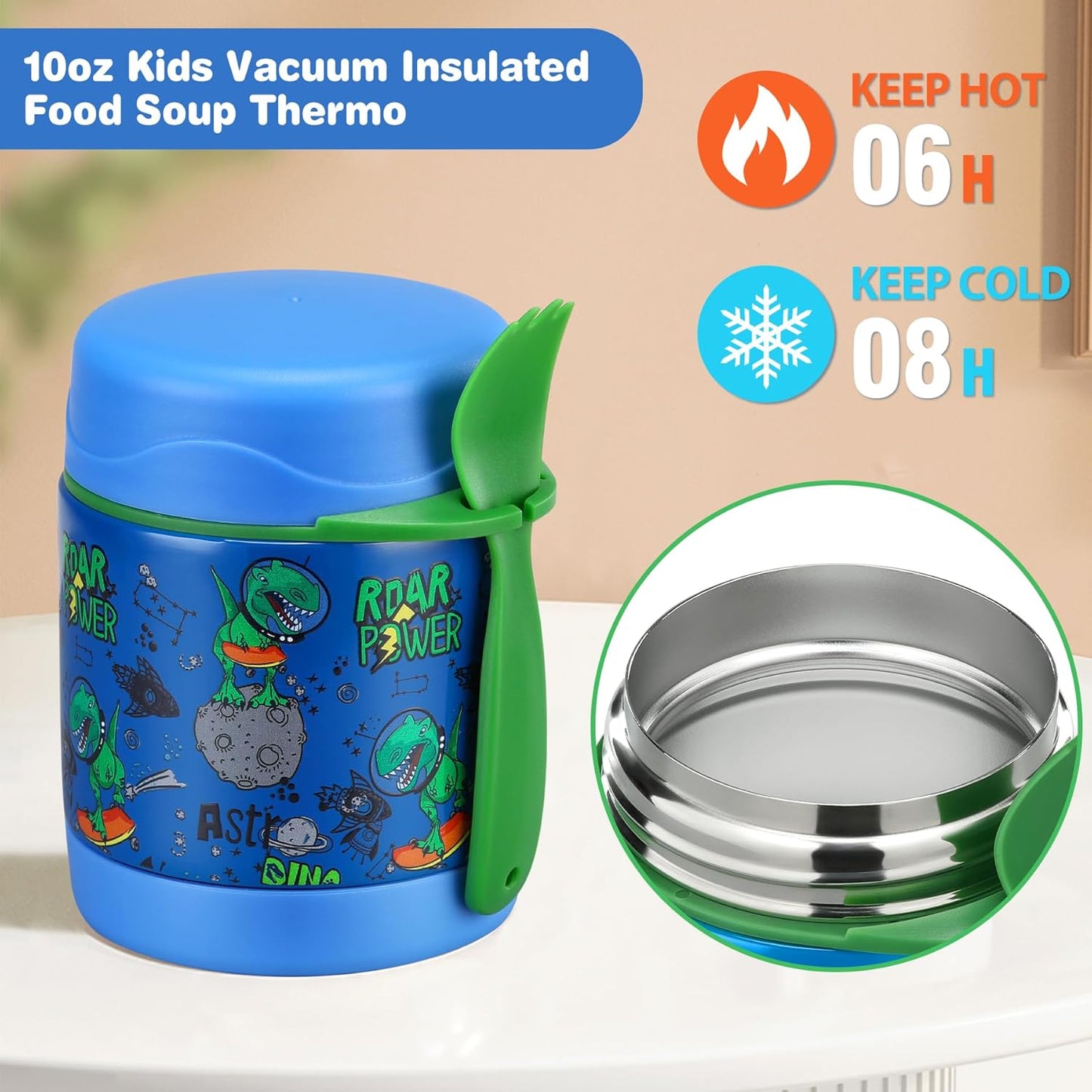 10Oz Soup Thermo for Hot Food Kids Insulated Food Jar,Thermo Hot Food Lunch Container, Width Mouth Stainless Steel Lunch Box for Kids with Spoon (Blue-Dinosaur)