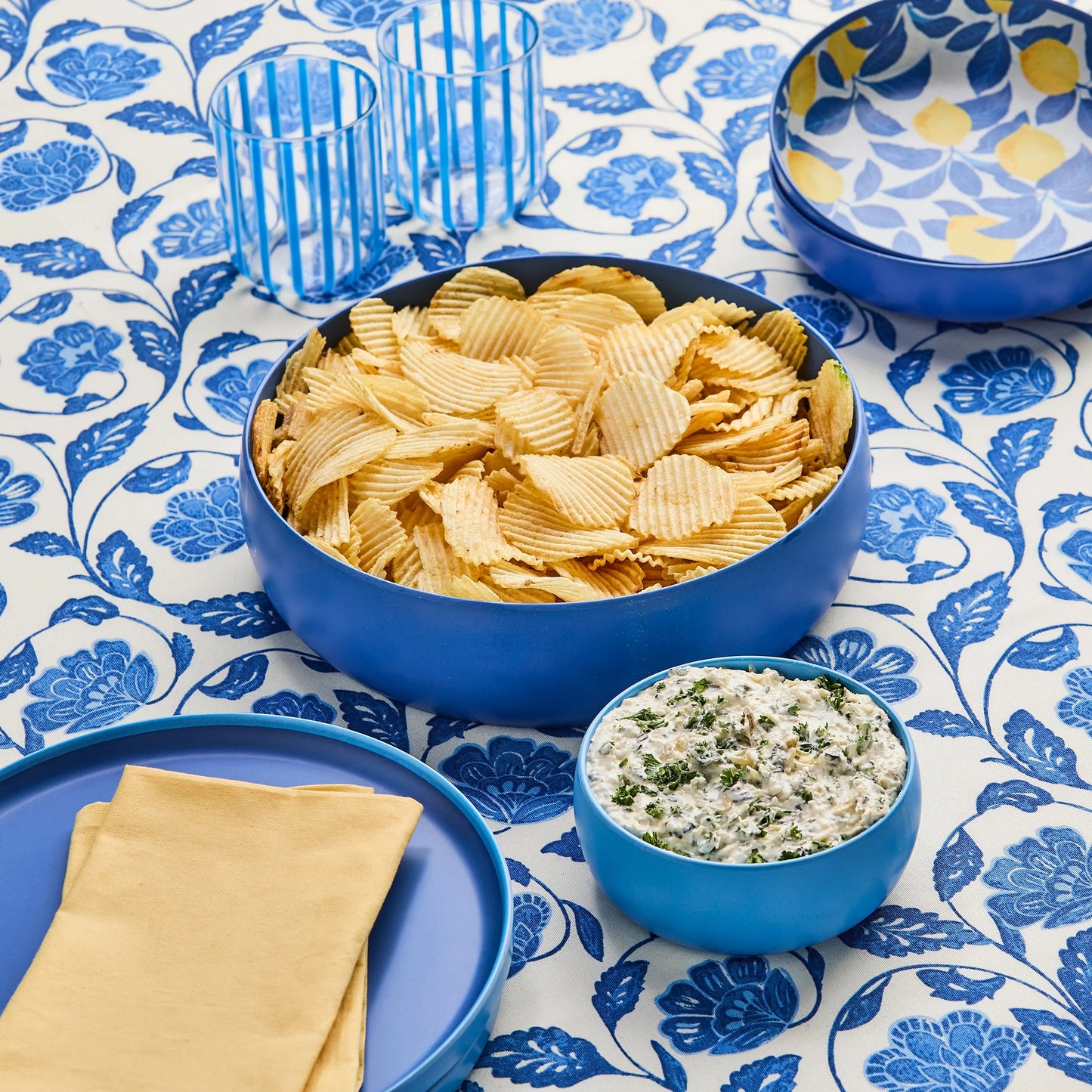 Bamboo Melamine Serving Bowl & Dip Bowl, Blue