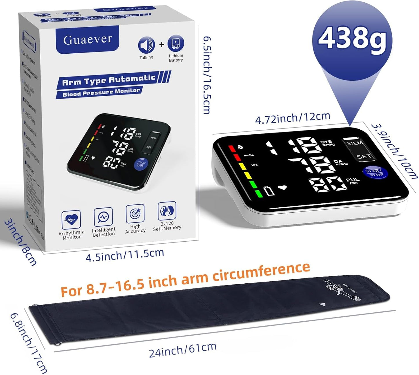 Blood Pressure Monitor Upper Arm Blood Pressure Monitors for Home Use Large Screen Rechargeable Bp Machine with 8.7"-16.5" Bp Cuff, 2X120 Memory, Voice Broadcast Bp Monitor(Black)