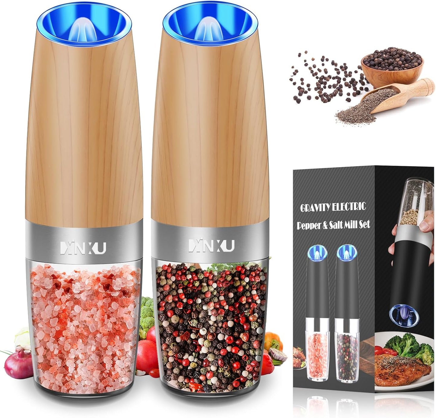 RECHARGEABLE Salt and Pepper Grinder Set,Automatic Pepper Mill,Usb Rechargeable,Adjustable Coarseness,One-Handed Operation,Ceramic Burr,Refillable,Auto Grinders Shakers LED Light,Sliver
