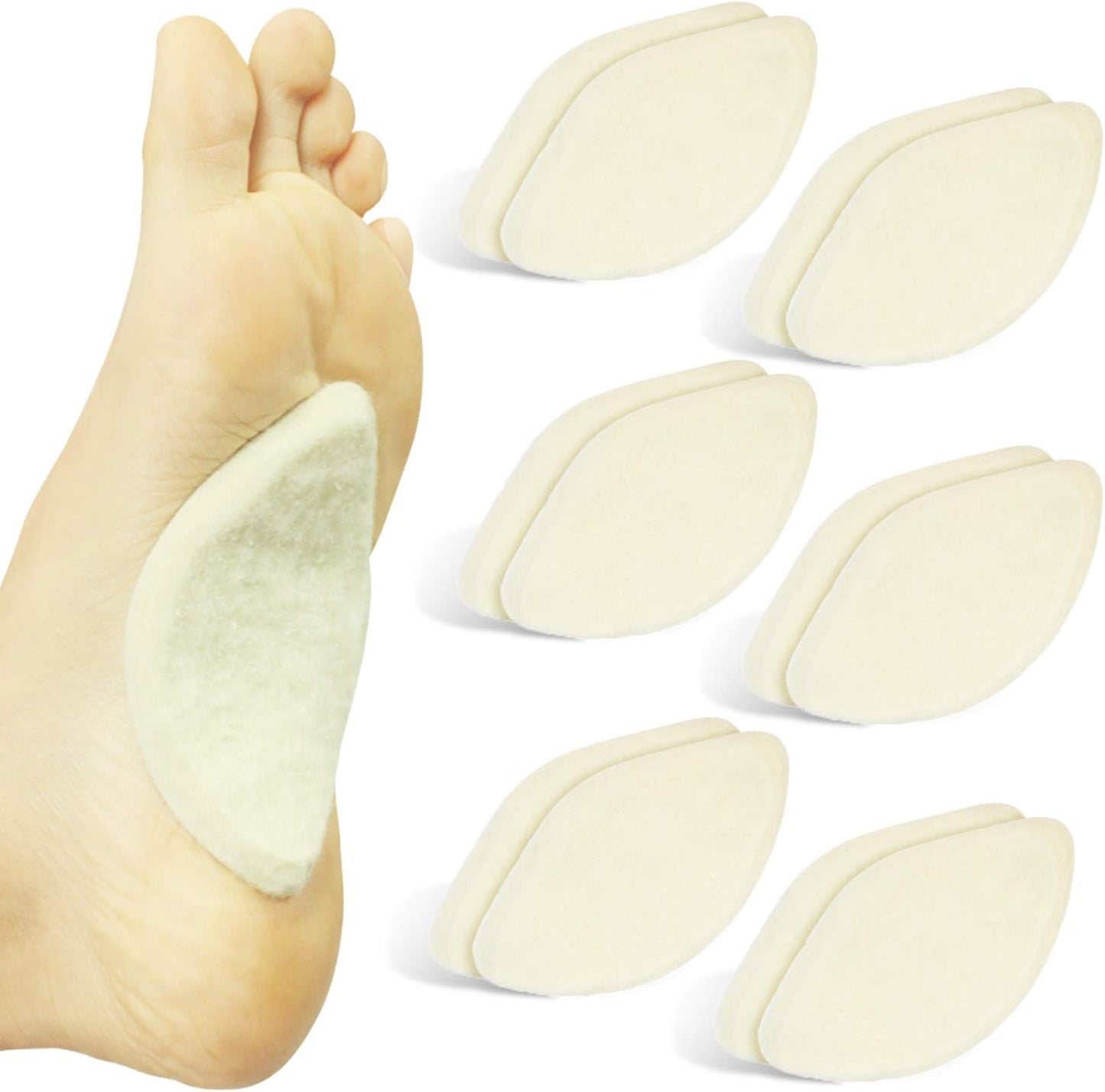 Arch Supports for Women & Men (12 Pack) - Felt Insert with Adhesive - Foot Pads for Shoes, Sandals, Flip Flops, Boots, High Heels, Flat Feet, High Arches, and Plantar Fasciitis