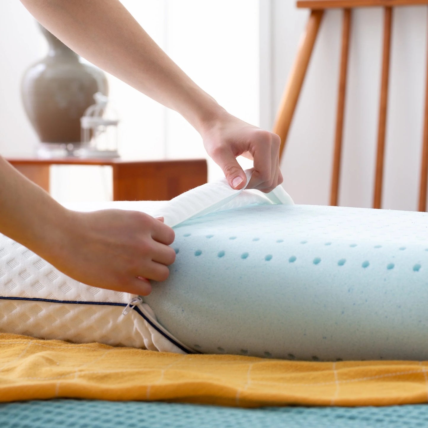 Medium Feel Standard Size Ventilated Gel Memory Foam Bed Pillow with Washable Cover and Temperature Regulating Infusion
