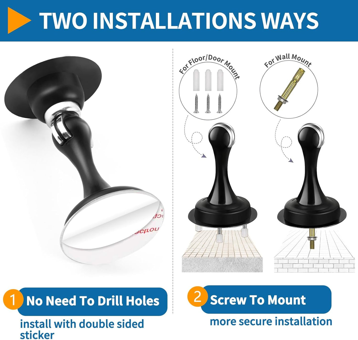 2 Pack Door Stops Self Adhesive Black Magnetic Door Stoppers No Drill Wall Floor Mount Stainless Steel Magnetic Door Catch Door Holders