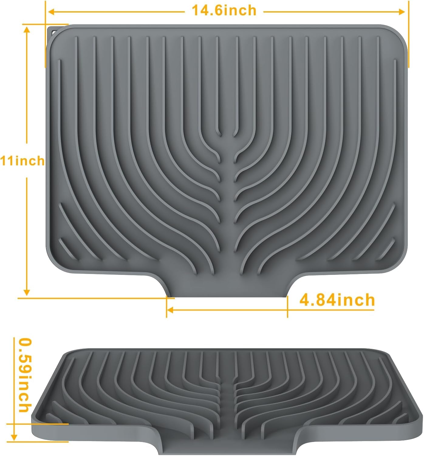 Dish Drying Mat ,14.6"×11" Silicone Drying Mat for Kitchen Counter with Board Drain,Rubber Kitchen Counter Dry Matt for Dishes Drying Rack(Gray)