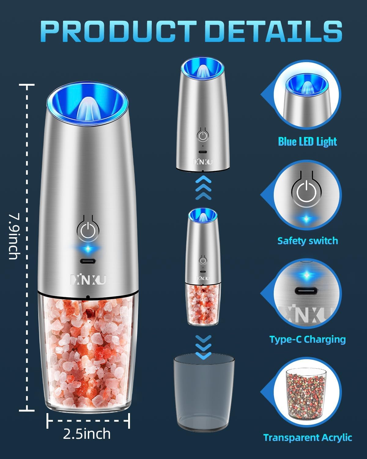 RECHARGEABLE Salt and Pepper Grinder Set,Automatic Pepper Mill,Usb Rechargeable,Adjustable Coarseness,One-Handed Operation,Ceramic Burr,Refillable,Auto Grinders Shakers LED Light,Sliver