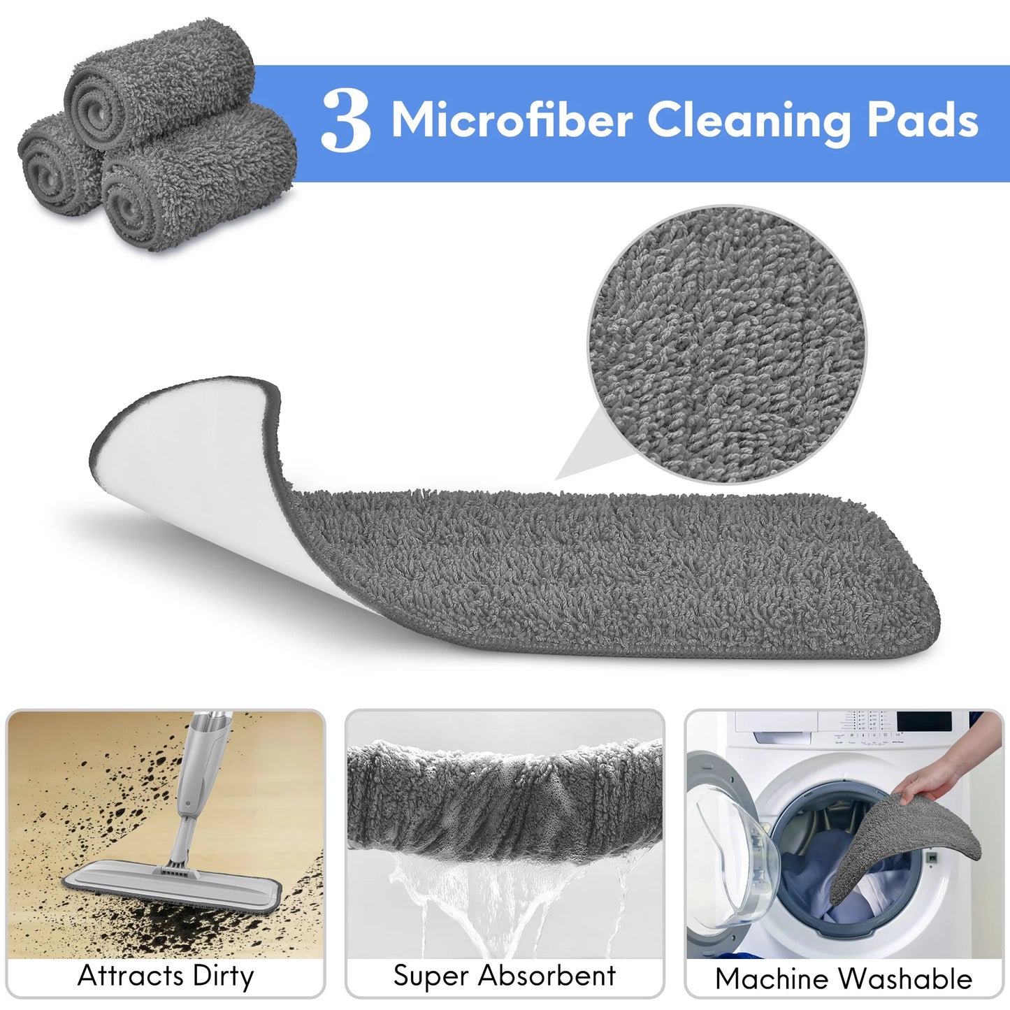 Spray Mop for Floor Cleaning Wet, with 14 Oz Refillable Bottle and 3 Washable Microfiber Pads Home and Commercial Use, Gray