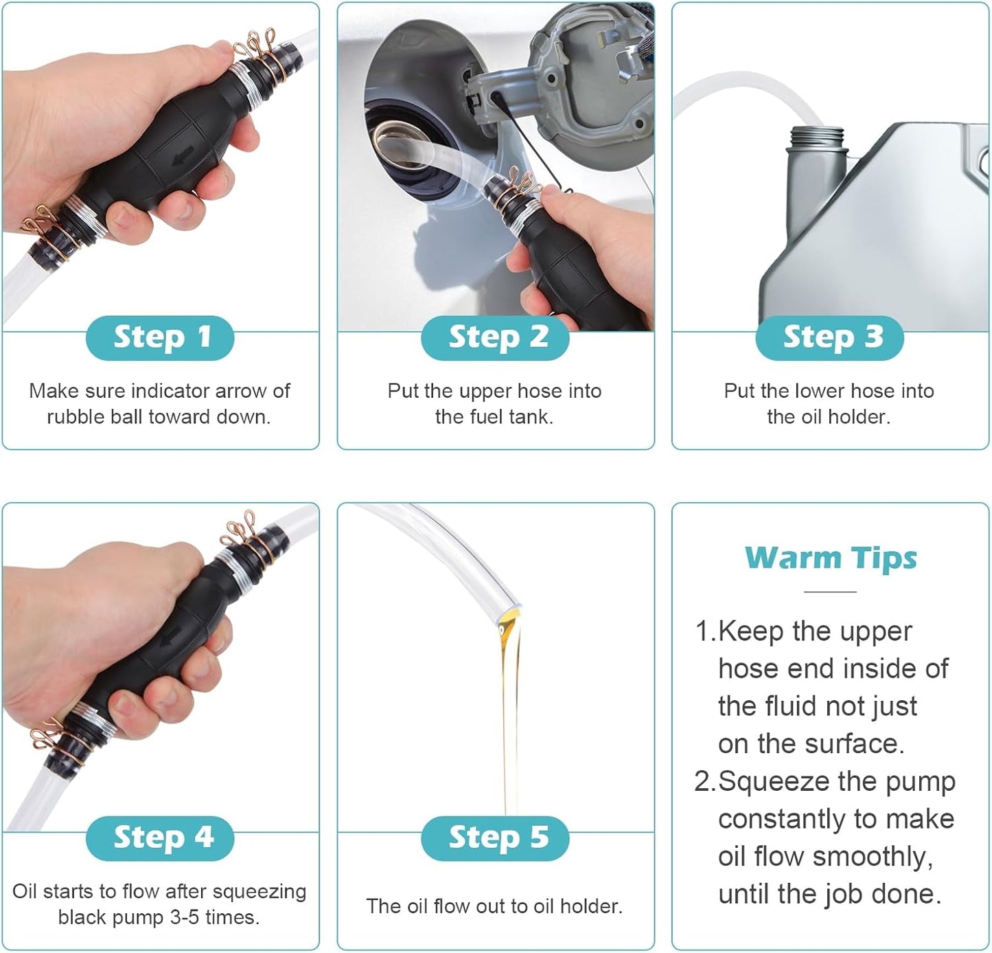 Gas Siphon Hose Pump, Manual Hand Water Pump, Gasoline Transfer Pump for Water Gas Oil Petrol Diesel, Fuel Siphon Pump with 2 Durable PVC Syphon Hoses, HH016