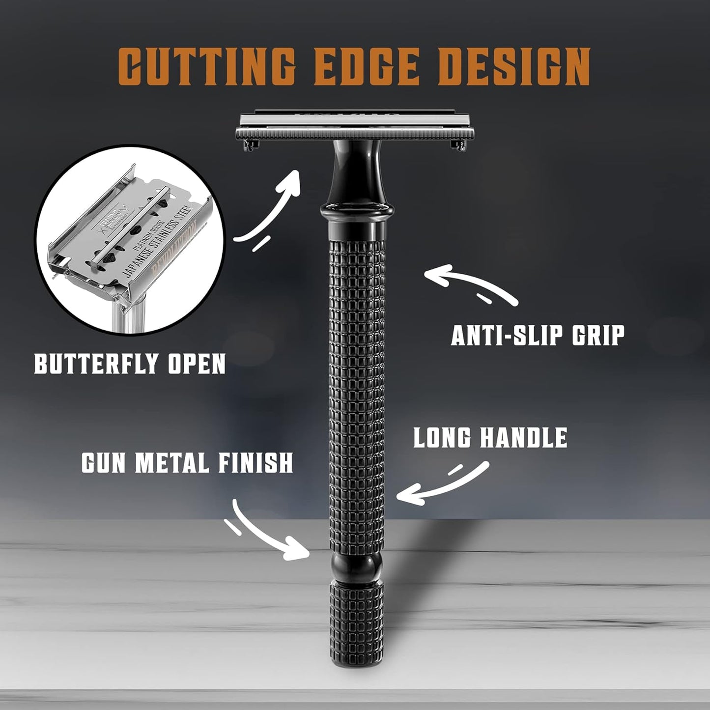 Long Handle Double Edge Safety Razor - Butterfly Open Razor 10 Japanese Stainless Steel Double Edge Blades - Close, Clean Shaving Razor Men., Black Long Handle, 12 Piece Set