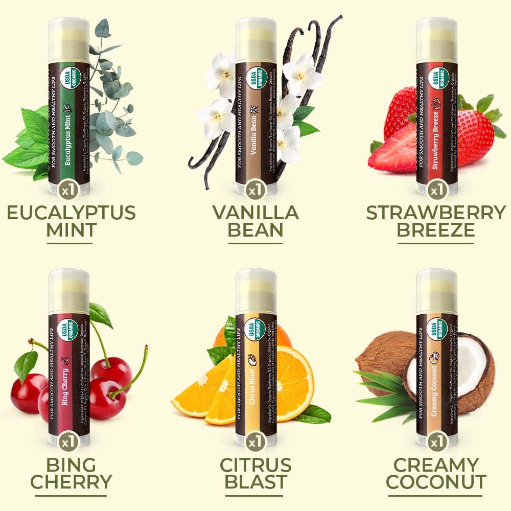 USDA Organic Lip Balm 6-Pack - Fruit Flavors, Beeswax, Coconut Oil, Vitamin E - Best Lip Repair Chapstick for Dry Cracked Lips - Moisturizing Lip Care