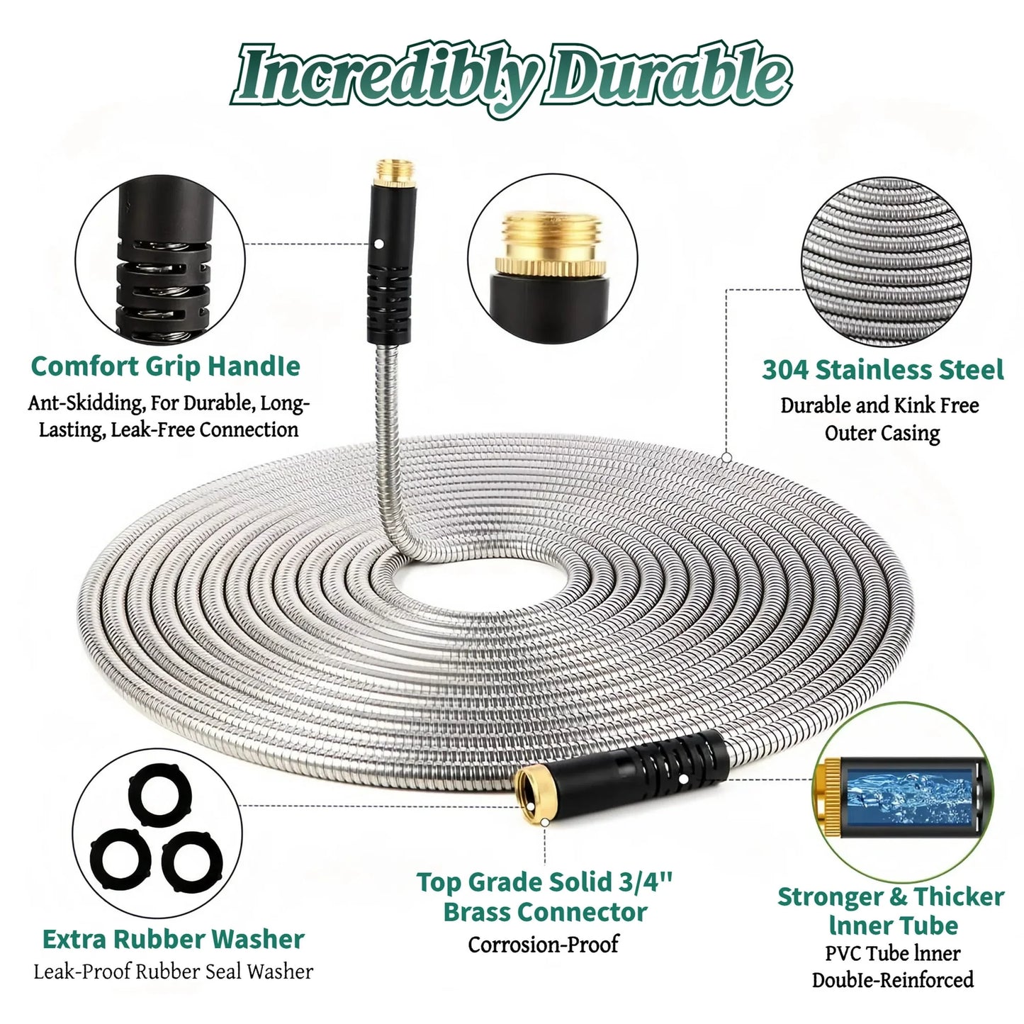 Metal Garden Hose 50Ft, 304 Stainless Steel Garden Hose, Heavy Duty Water Hoses with 10 Function Hose Nozzle, Flexible, No Kink & Tangle, Leak & Puncture Proof, 150Psi