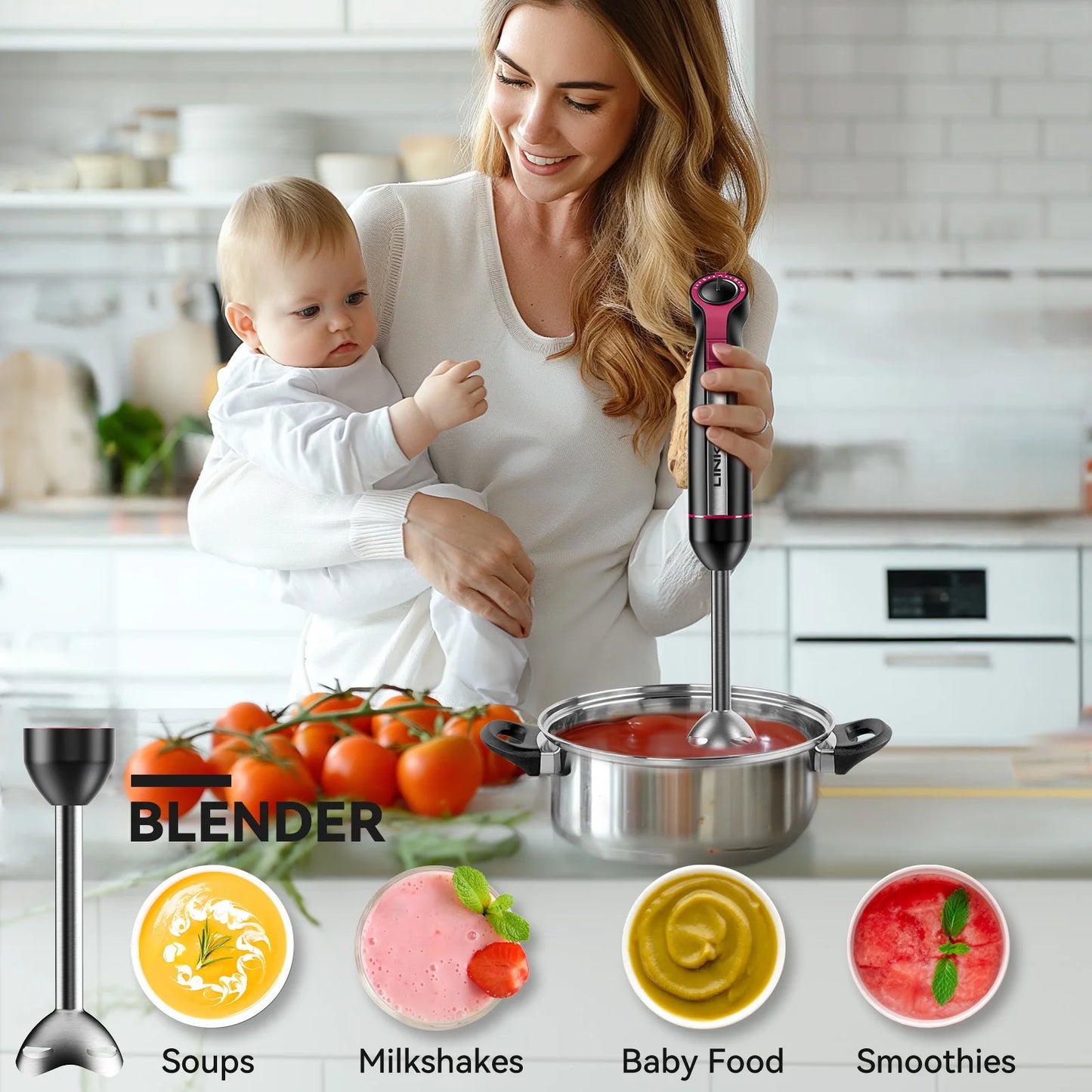 Immersion Blender, 20-Speed 1000W 5-In-1 Immersion Hand Blender, Stick Blender with Turbo Mode, Baby Food Processor with Chopper, Blender for Kitchen with 600Ml Beaker (Black)