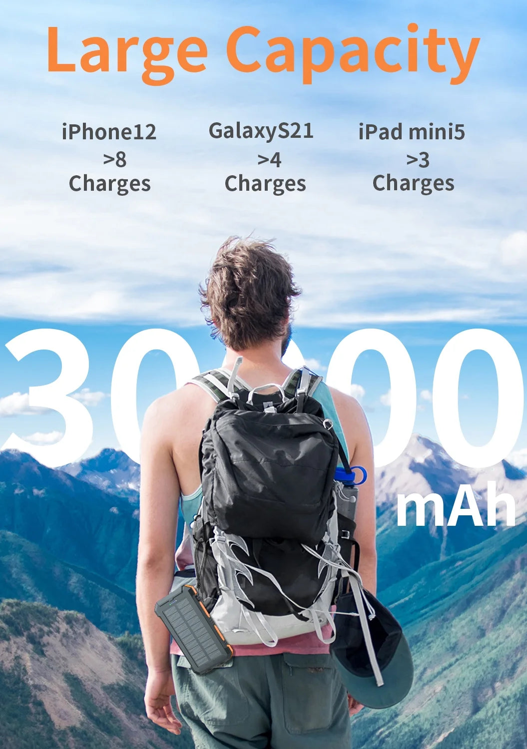 30000Mah Solar Power Bank Compatible for Iphone 17 Cell Phone 12W Portable Charger Power Bank for Outdoor Camping Hiking (Orange)