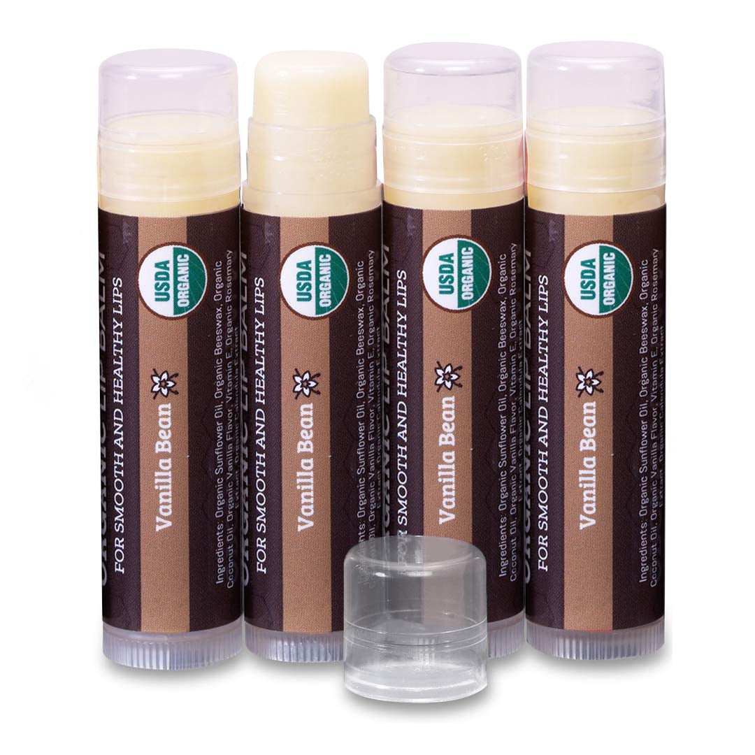 USDA Organic Lip Balm 6-Pack - Fruit Flavors, Beeswax, Coconut Oil, Vitamin E - Best Lip Repair Chapstick for Dry Cracked Lips - Moisturizing Lip Care