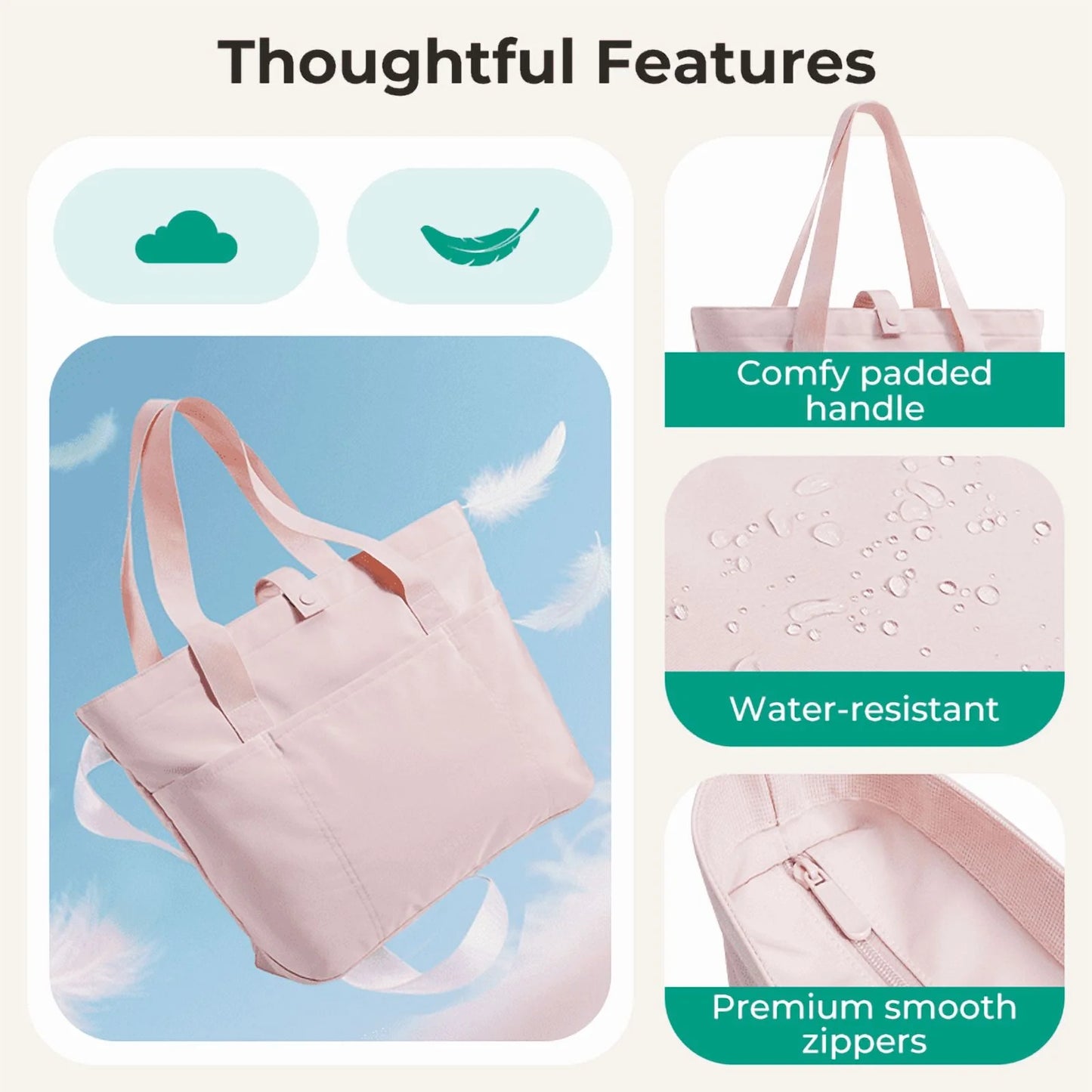 Foldable Tote Bag for Women, Laptop Tote Bag Top Handle Handbag for Travel, Work, Beach, Gym, Shop, Pink