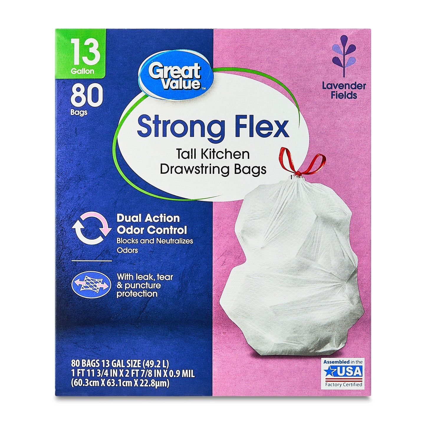 Strong Flex Tall Kitchen Drawstring Bags, Lavender Fields, 13 Gallon, 80 Count