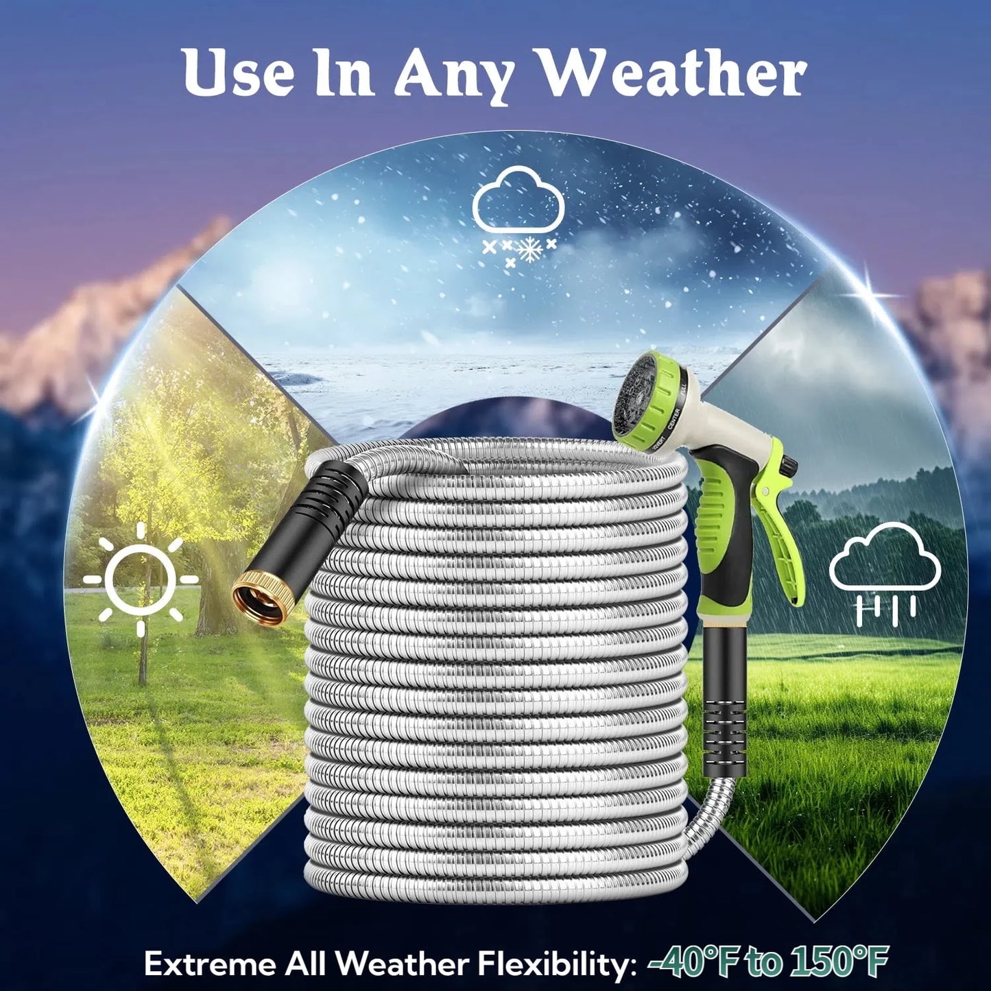 Metal Garden Hose 50Ft, 304 Stainless Steel Garden Hose, Heavy Duty Water Hoses with 10 Function Hose Nozzle, Flexible, No Kink & Tangle, Leak & Puncture Proof, 150Psi