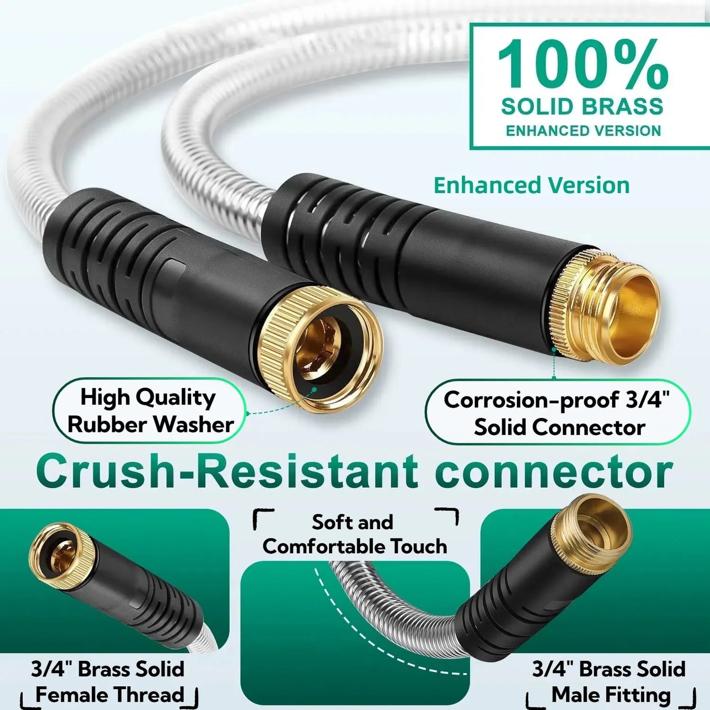 Metal Garden Hose 50Ft, 304 Stainless Steel Garden Hose, Heavy Duty Water Hoses with 10 Function Hose Nozzle, Flexible, No Kink & Tangle, Leak & Puncture Proof, 150Psi