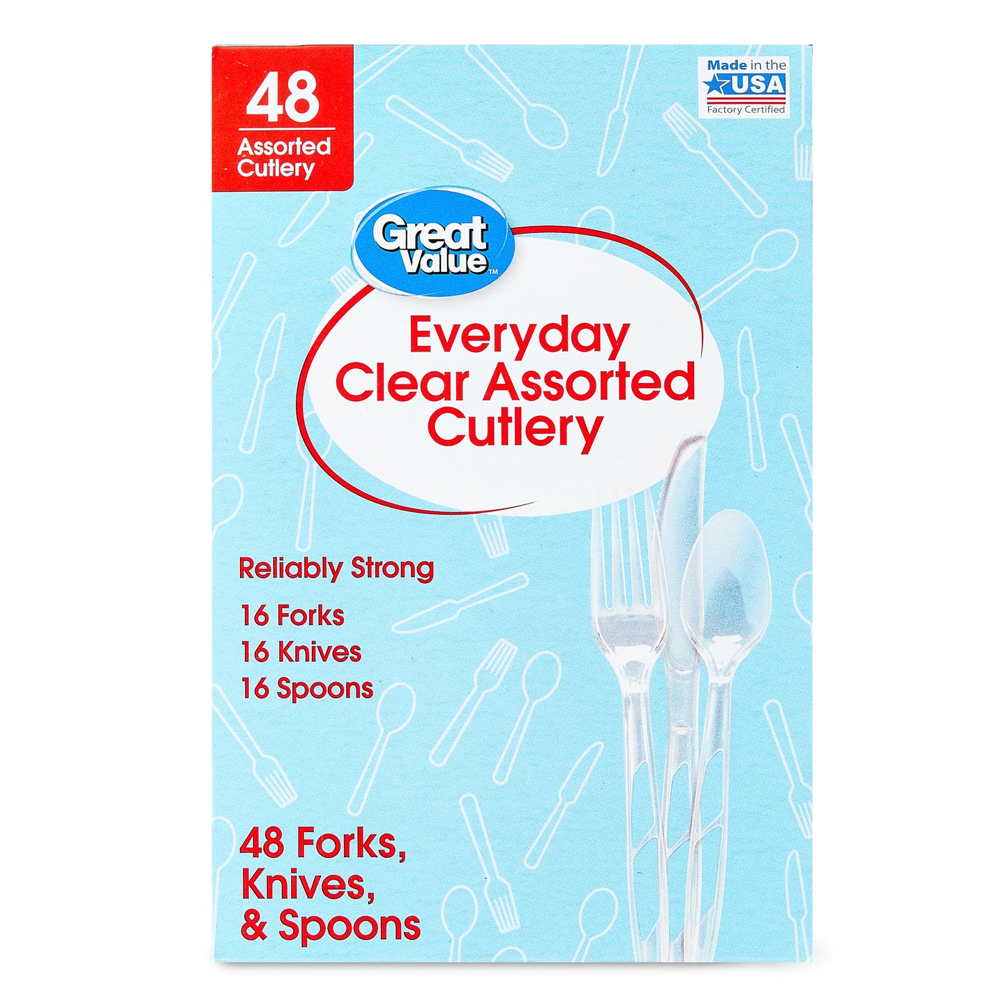 Plastic Everyday Clear Assorted Cutlery, 48 Count Includes 16F/16S/16K