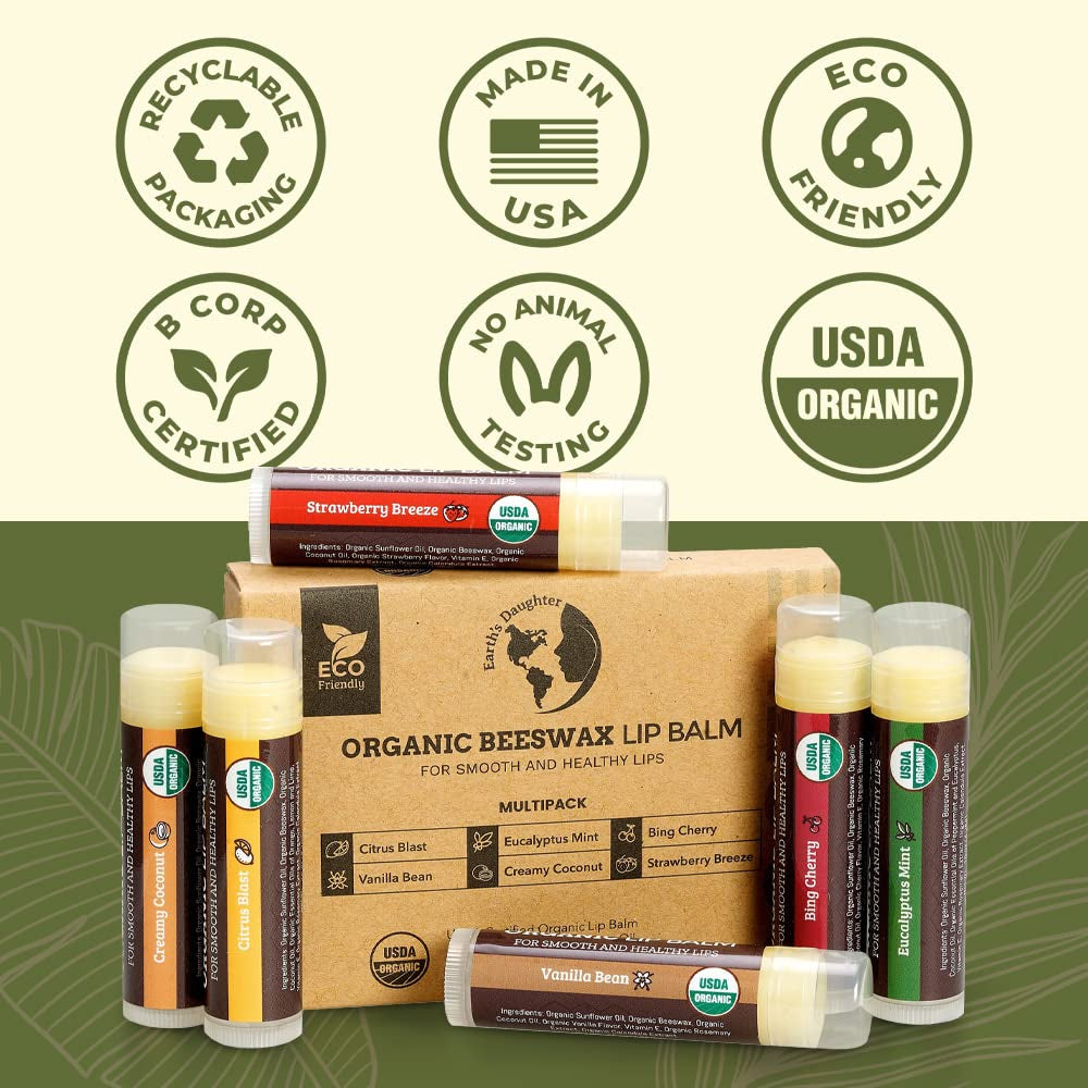 USDA Organic Lip Balm 6-Pack - Fruit Flavors, Beeswax, Coconut Oil, Vitamin E - Best Lip Repair Chapstick for Dry Cracked Lips - Moisturizing Lip Care