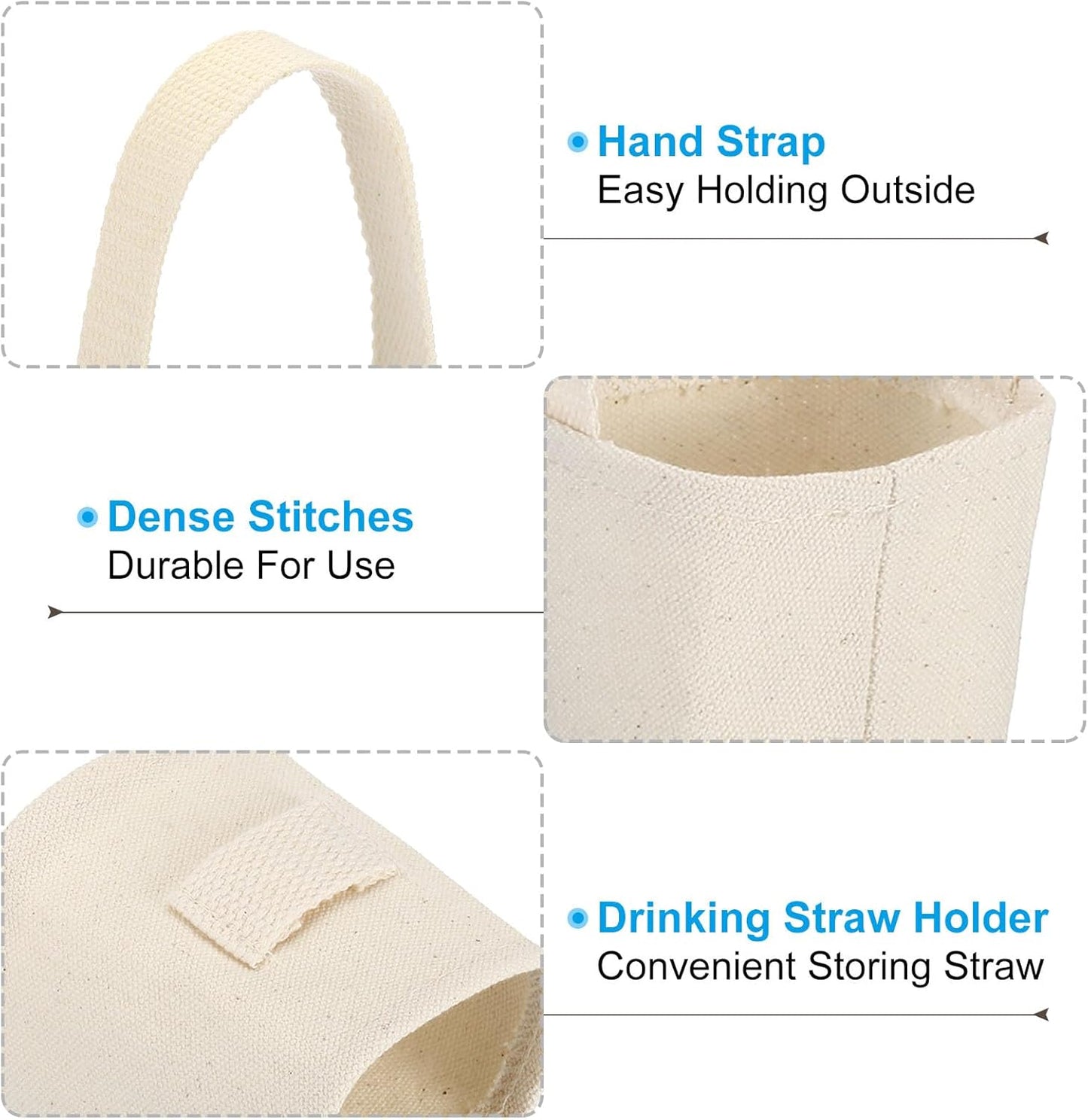 Reusable Canvas Coffee Cup Sleeves with Strap & Straw Holder (3-Pack)