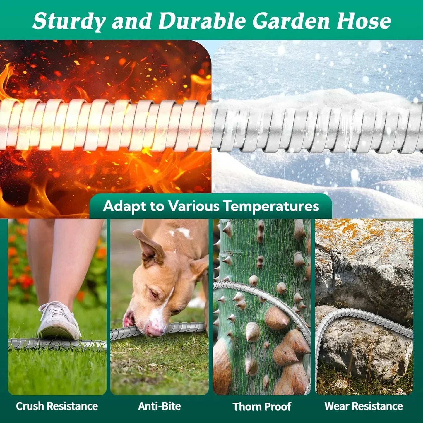 Metal Garden Hose 50Ft, 304 Stainless Steel Garden Hose, Heavy Duty Water Hoses with 10 Function Hose Nozzle, Flexible, No Kink & Tangle, Leak & Puncture Proof, 150Psi