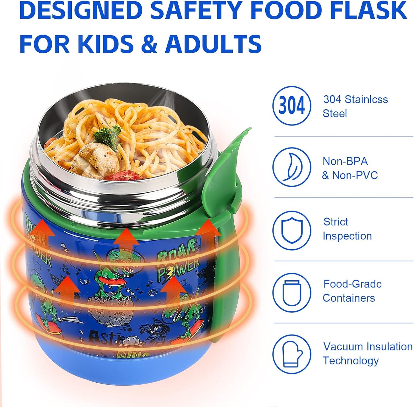 10Oz Soup Thermo for Hot Food Kids Insulated Food Jar,Thermo Hot Food Lunch Container, Width Mouth Stainless Steel Lunch Box for Kids with Spoon (Blue-Dinosaur)