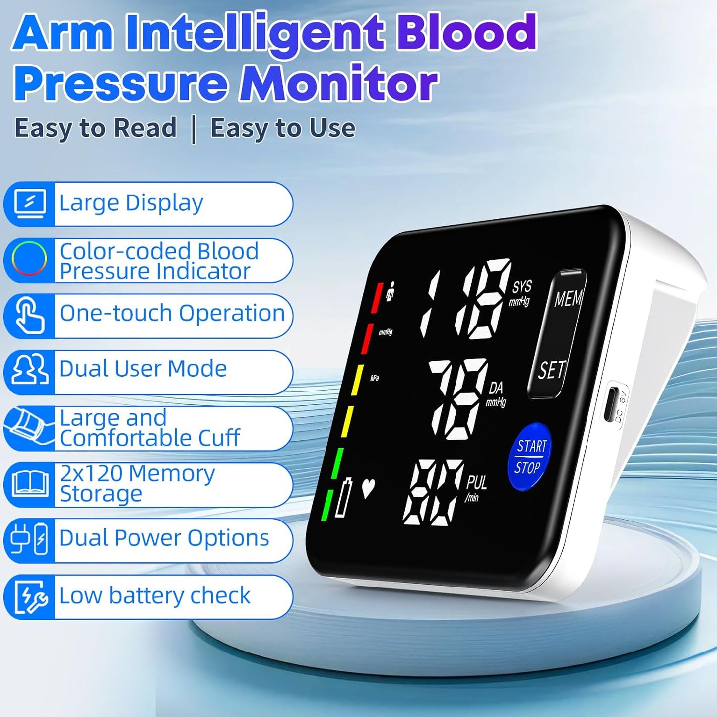 Blood Pressure Monitor Upper Arm Blood Pressure Monitors for Home Use Large Screen Rechargeable Bp Machine with 8.7"-16.5" Bp Cuff, 2X120 Memory, Voice Broadcast Bp Monitor(Black)