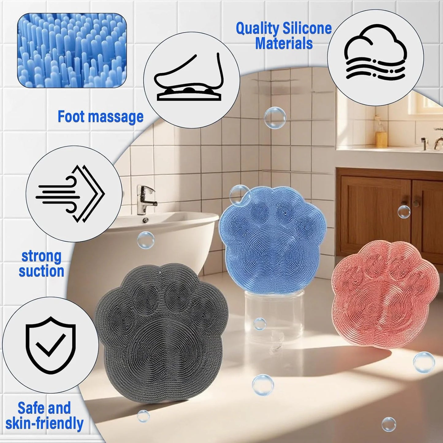 Shower Foot Scrubber Mat, Foot Scrubber in Shower, Back Washer Exfoliating Bath Wash Pad, Silicone Shower Foot Scrubber Mat, Upgraded Shower Foot Massager Mat with Non-Slip Suction Cup (Blue)