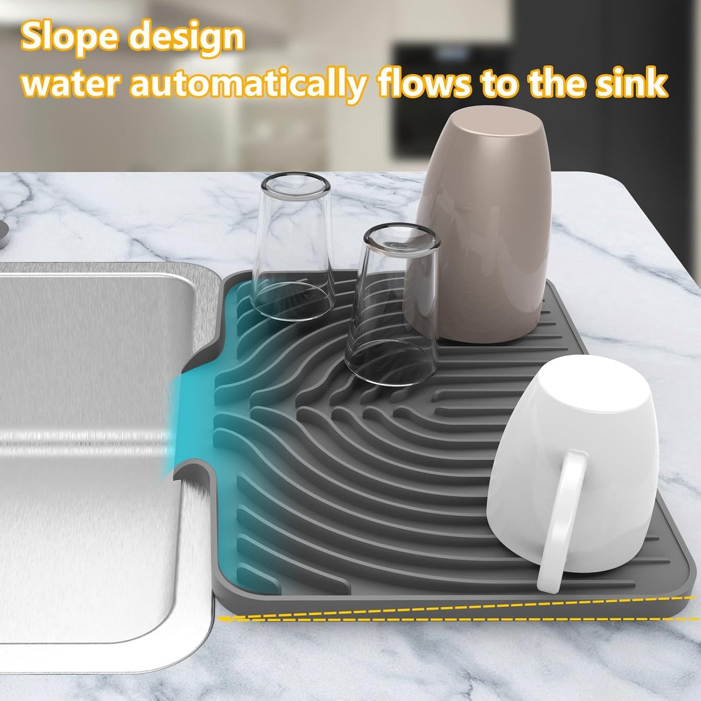Dish Drying Mat ,14.6"×11" Silicone Drying Mat for Kitchen Counter with Board Drain,Rubber Kitchen Counter Dry Matt for Dishes Drying Rack(Gray)