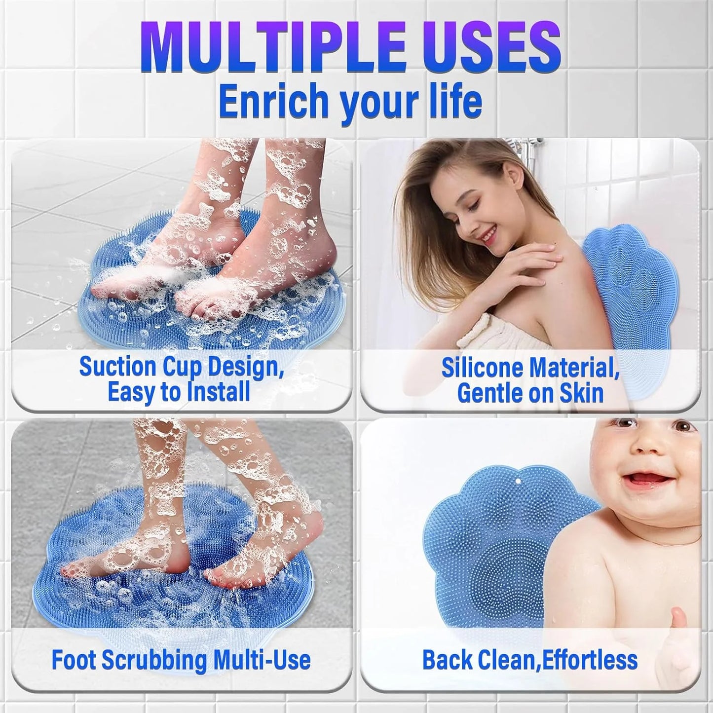 Shower Foot Scrubber Mat, Foot Scrubber in Shower, Back Washer Exfoliating Bath Wash Pad, Silicone Shower Foot Scrubber Mat, Upgraded Shower Foot Massager Mat with Non-Slip Suction Cup (Blue)