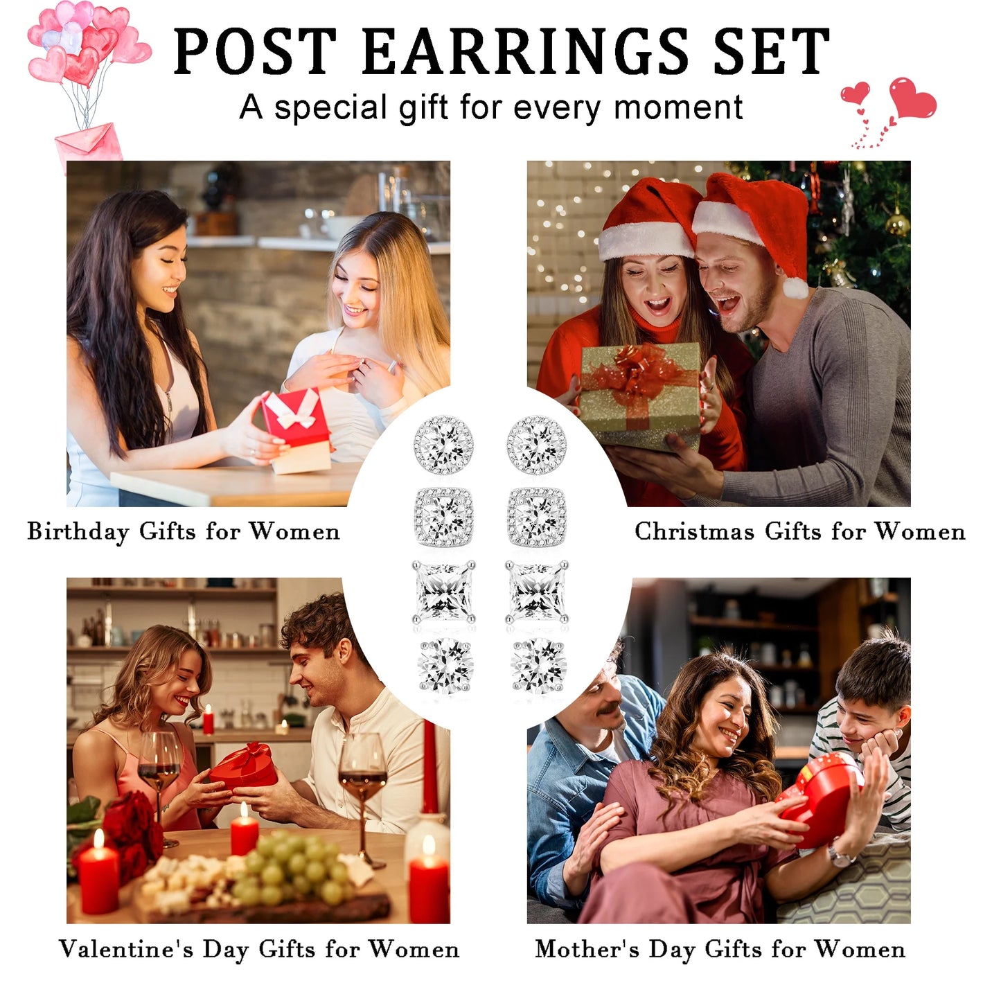 4 Pairs 18K White Gold Plated Halo Stud Earrings for Women Men CZ Hypoallergenic Post S925 Sterling Silver Earrings Set Wedding Birthday Jewelry Gifts Ideas Mom Wife Bride Boyfriend Husband