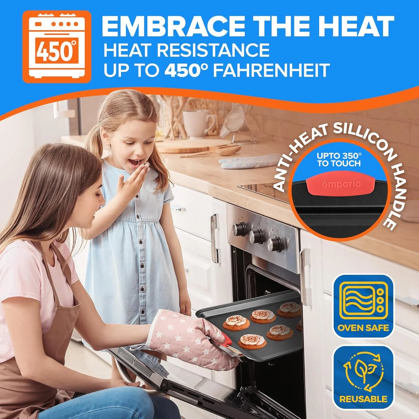 Baking Pan Set - Nonstick Coating, Carbon Steel Bakeware Set with Red Silicone Handles, Recipe Booklet Included, Oven Safe Tray (Up to 450° F), Set of 3 - Black