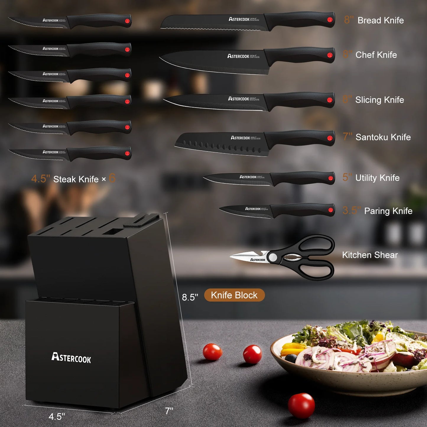 Kitchen Knife Set, 14 Pcs Knives Block Set with Built-In Sharpener, Healthy Anti-Rust Coating & German Stainless Steel Knife Set, Dishwasher Safe Black
