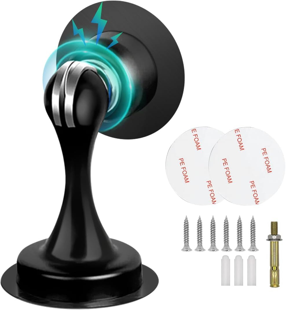 2 Pack Door Stops Self Adhesive Black Magnetic Door Stoppers No Drill Wall Floor Mount Stainless Steel Magnetic Door Catch Door Holders