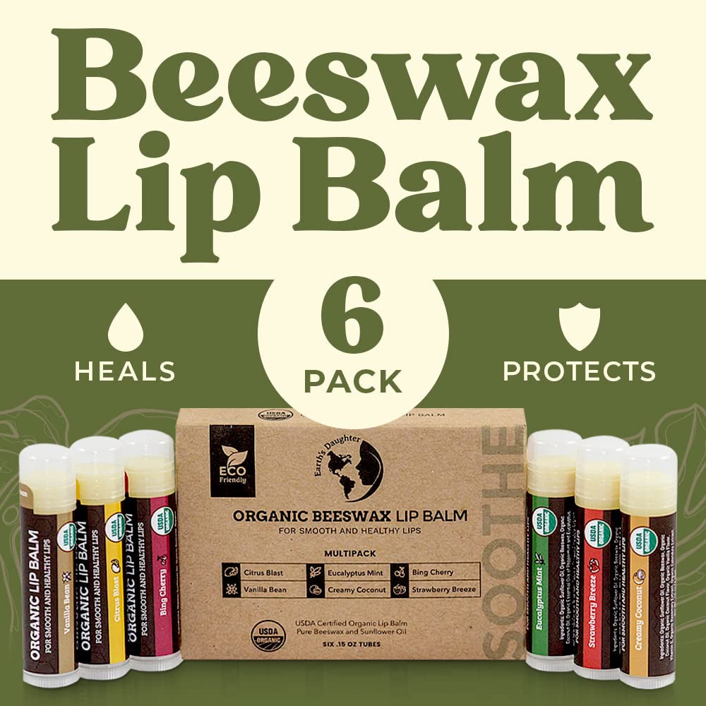 USDA Organic Lip Balm 6-Pack - Fruit Flavors, Beeswax, Coconut Oil, Vitamin E - Best Lip Repair Chapstick for Dry Cracked Lips - Moisturizing Lip Care