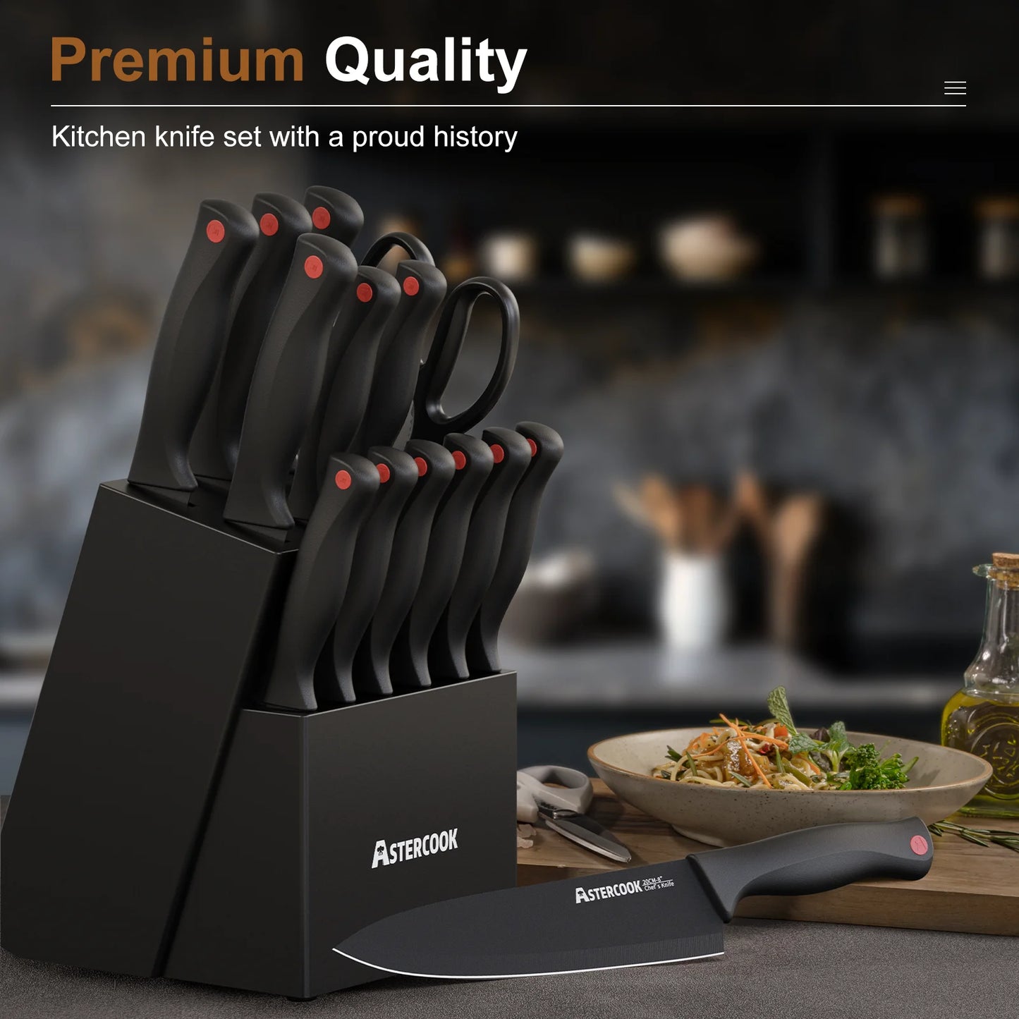Kitchen Knife Set, 14 Pcs Knives Block Set with Built-In Sharpener, Healthy Anti-Rust Coating & German Stainless Steel Knife Set, Dishwasher Safe Black