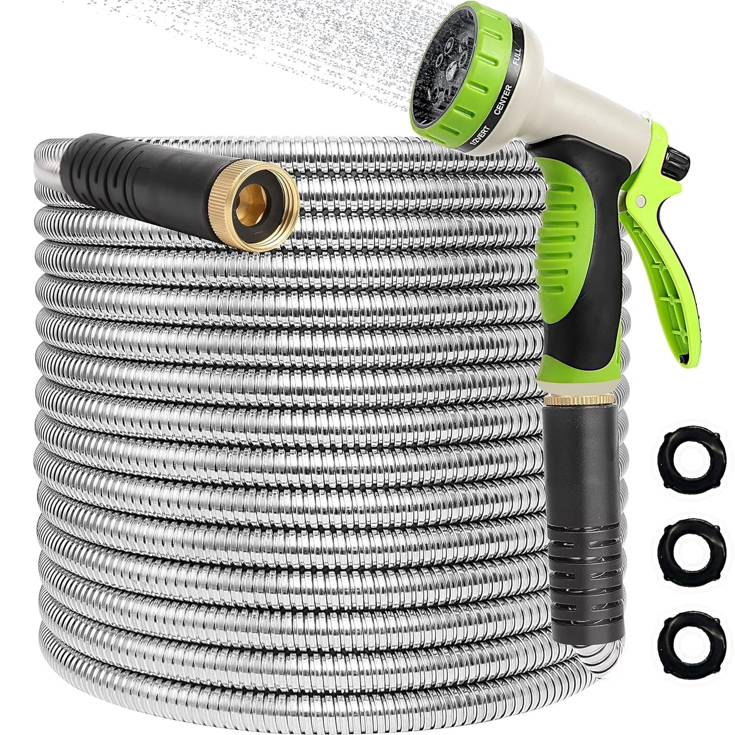Metal Garden Hose 50Ft, 304 Stainless Steel Garden Hose, Heavy Duty Water Hoses with 10 Function Hose Nozzle, Flexible, No Kink & Tangle, Leak & Puncture Proof, 150Psi
