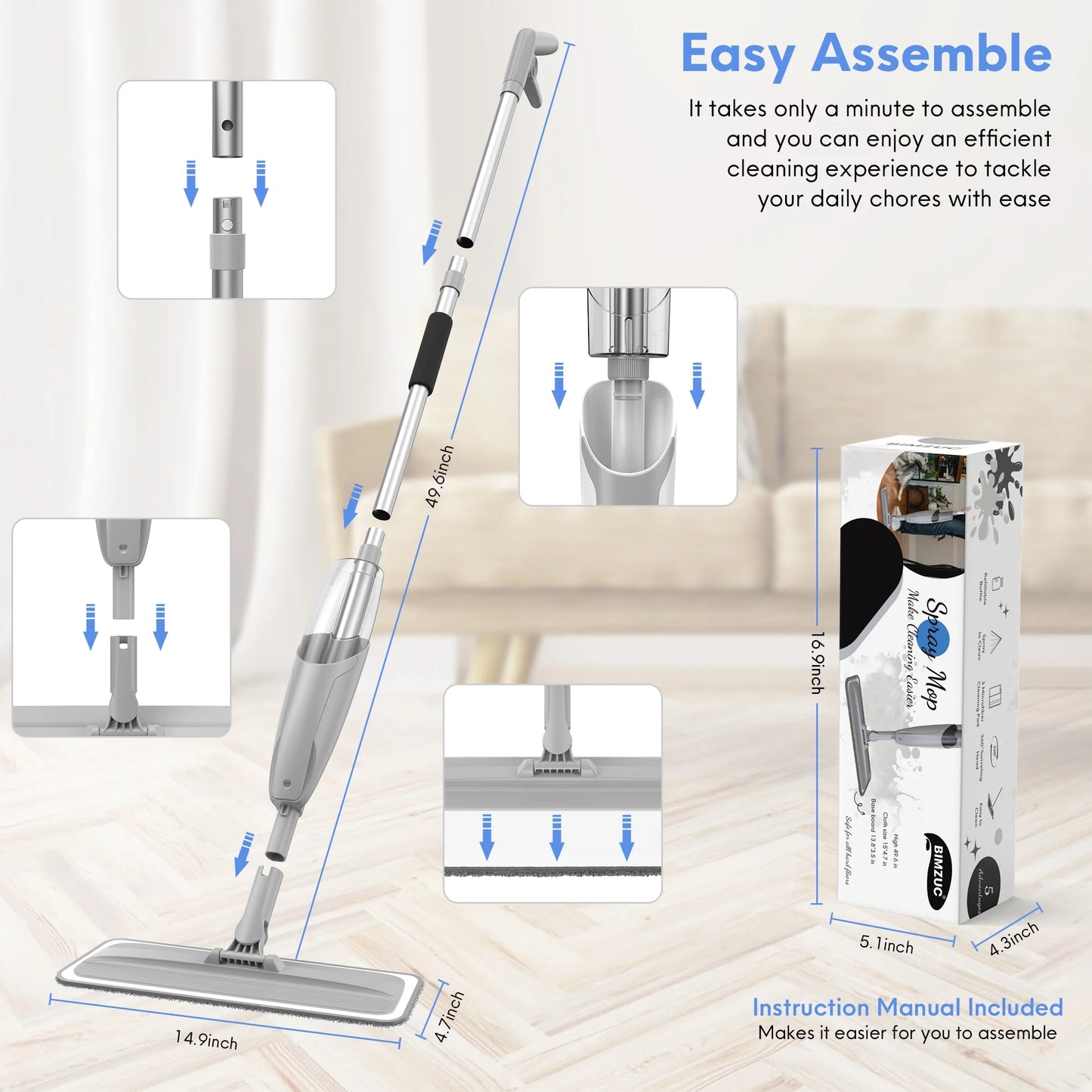 Spray Mop for Floor Cleaning Wet, with 14 Oz Refillable Bottle and 3 Washable Microfiber Pads Home and Commercial Use, Gray