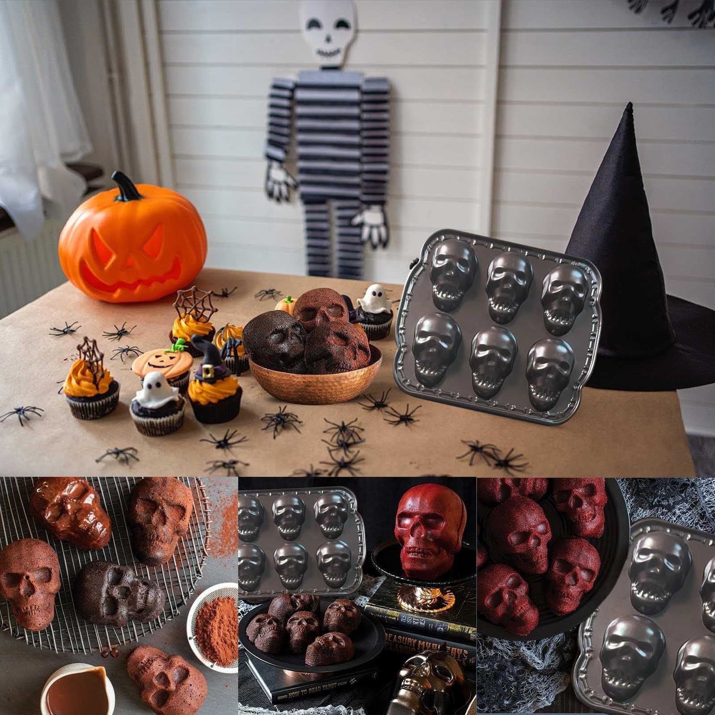 Silicone Skull Cake Mould Halloween Baking Pan Large Dessert Tray 6-Piece Kitchen Bakeware Set as Show #Jiiwd