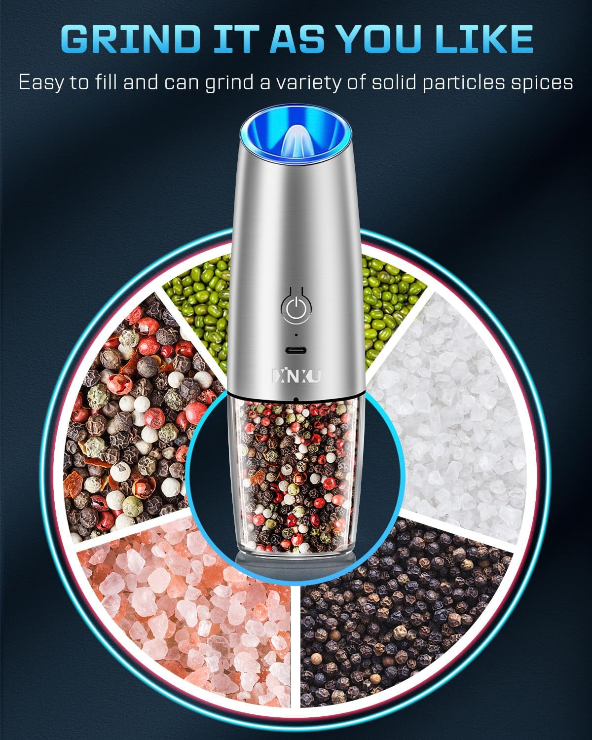 RECHARGEABLE Salt and Pepper Grinder Set,Automatic Pepper Mill,Usb Rechargeable,Adjustable Coarseness,One-Handed Operation,Ceramic Burr,Refillable,Auto Grinders Shakers LED Light,Sliver