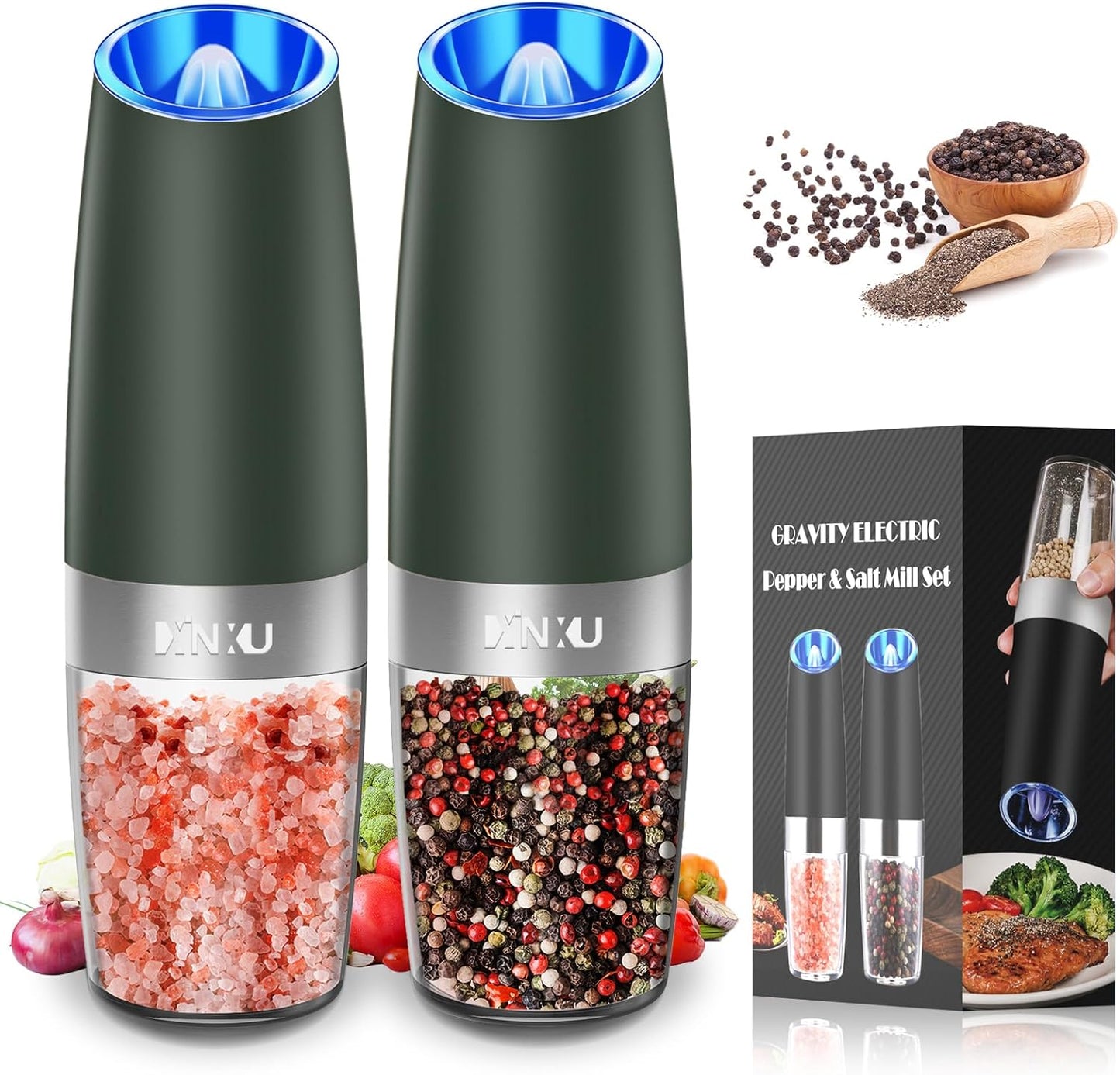 RECHARGEABLE Salt and Pepper Grinder Set,Automatic Pepper Mill,Usb Rechargeable,Adjustable Coarseness,One-Handed Operation,Ceramic Burr,Refillable,Auto Grinders Shakers LED Light,Sliver
